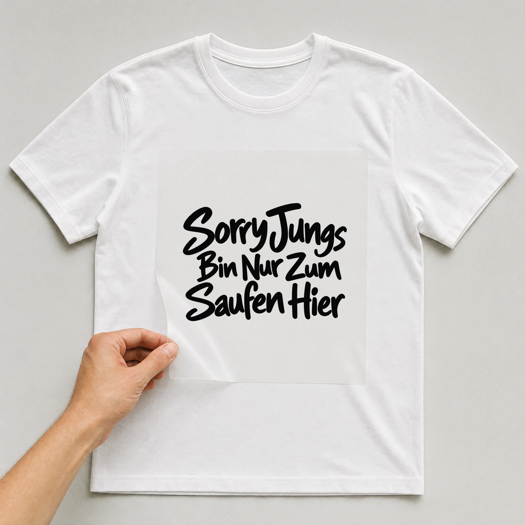 Bügelbild „Sorry Jungs bin nur zum saufen hier“ auf weißem T-Shirt, Folie wird aufgelegt