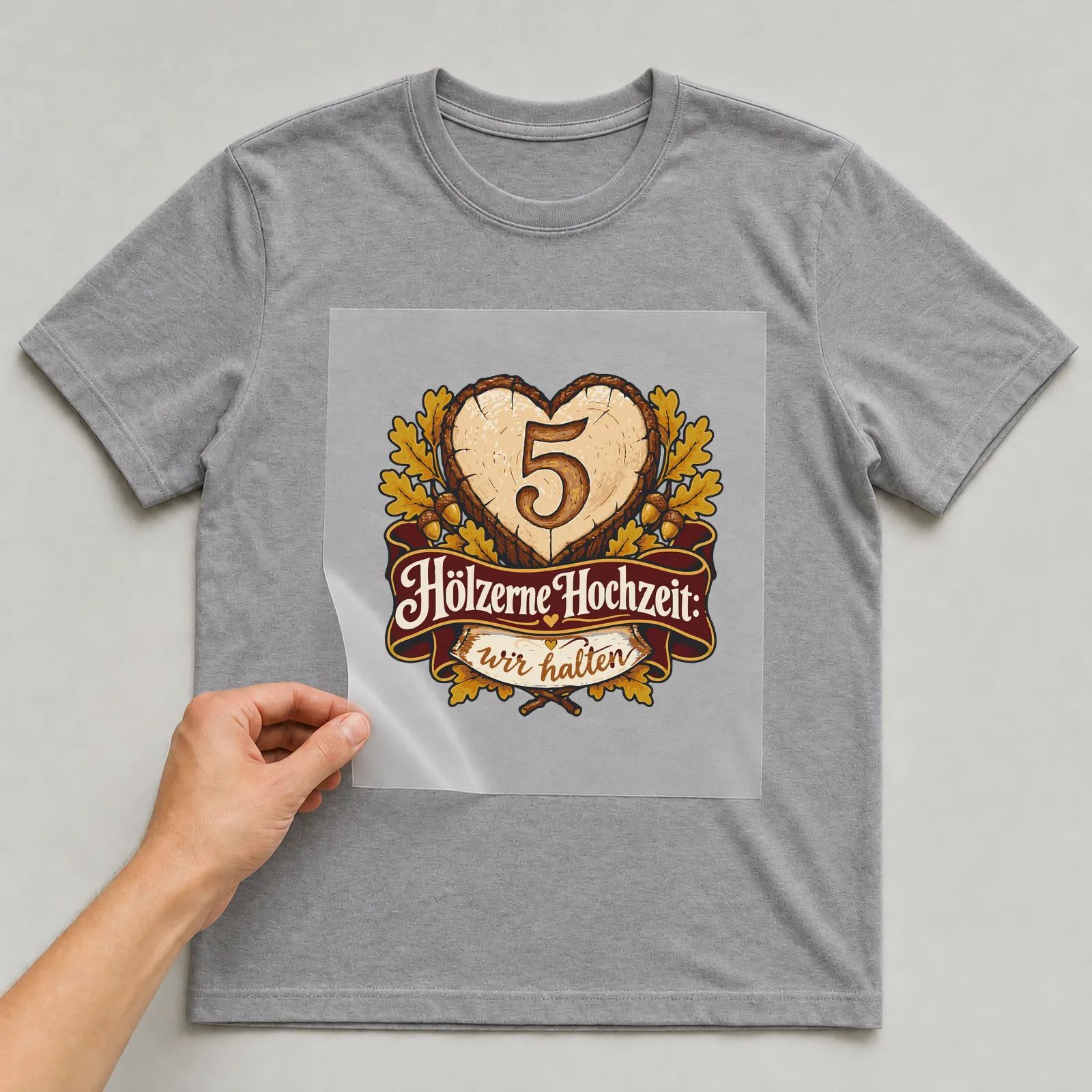 Bügelbild Hölzerne Hochzeit: wir halten auf grauem T-Shirt, Folie wird aufgelegt
