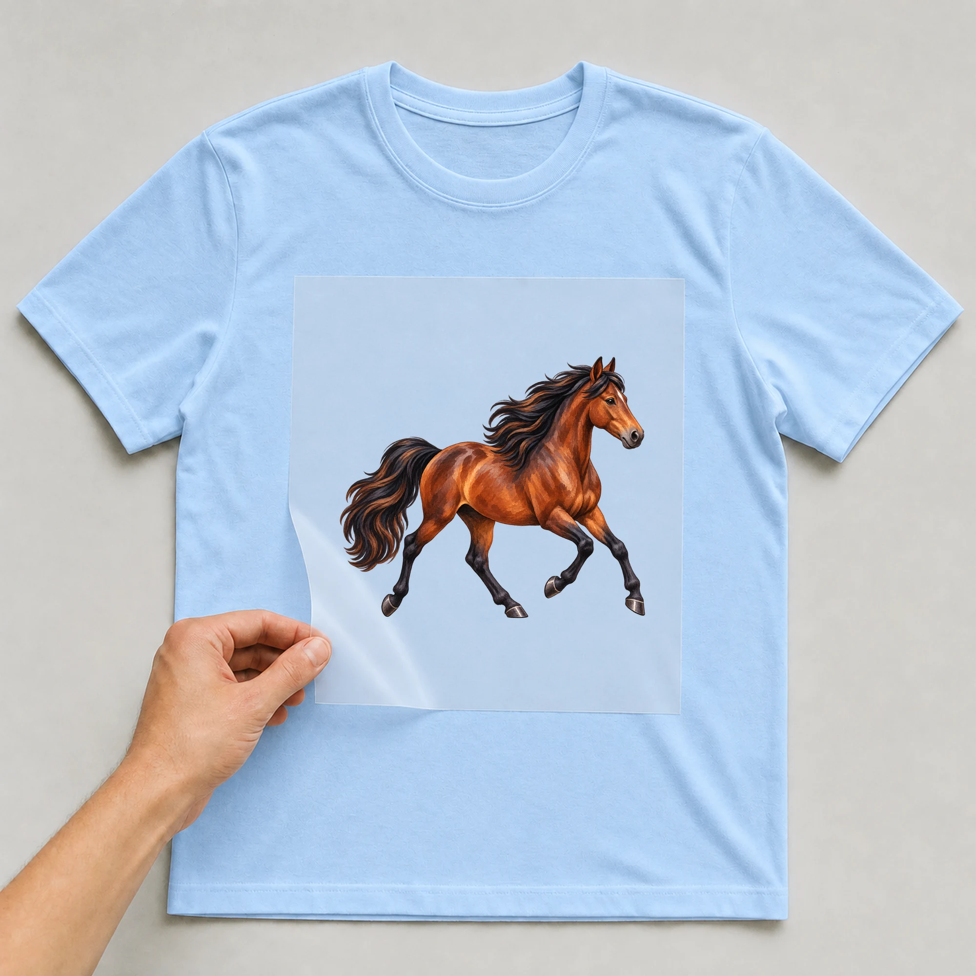 Bügelbild „Pferdetraum“ auf babyblauem T-Shirt, Folie wird aufgelegt