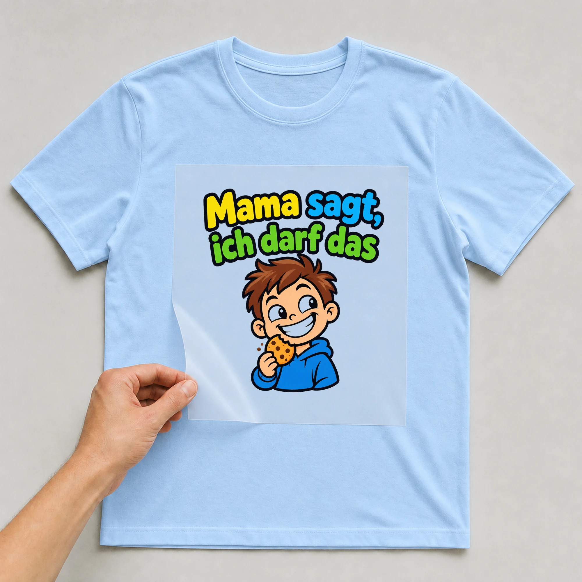 Bügelbild „Mama sagt, ich darf das“ auf babyblauem T-Shirt, Folie wird aufgelegt