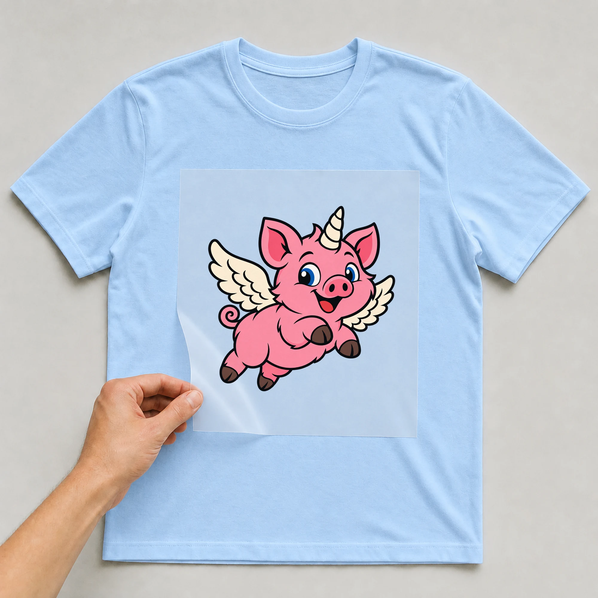 Bügelbild „Das Letzte Schweinhorn“ auf babyblauem T-Shirt, Folie wird aufgelegt