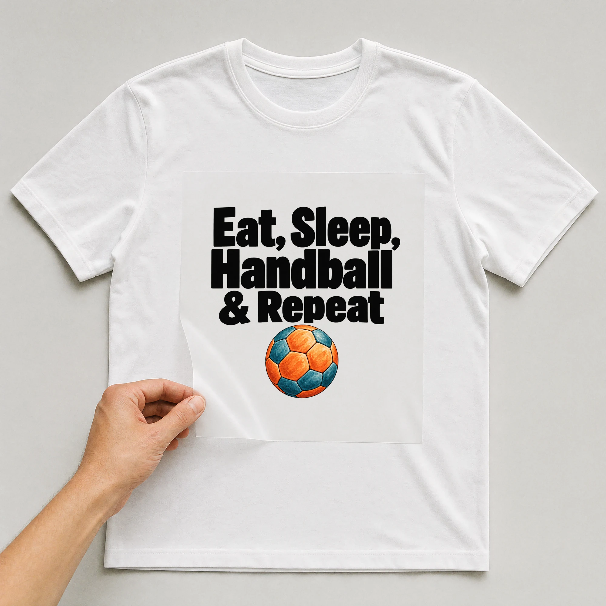 Bügelbild „Eat, Sleep, Handball & Repeat“ auf weißem T-Shirt, Folie wird aufgelegt