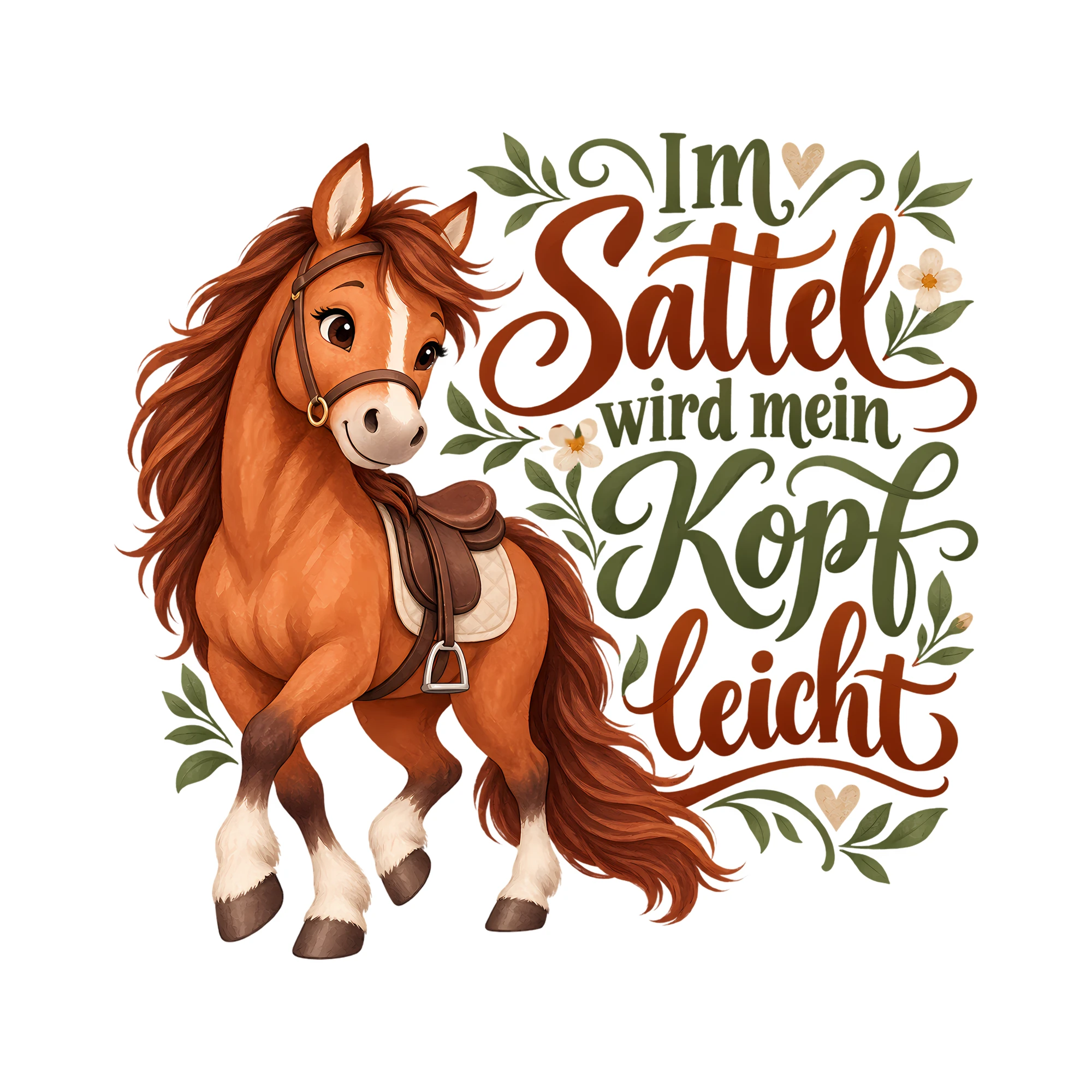 Bügelbild Im Sattel wird mein Kopf leicht als Grafik auf weißem Hintergrund (BB013063)