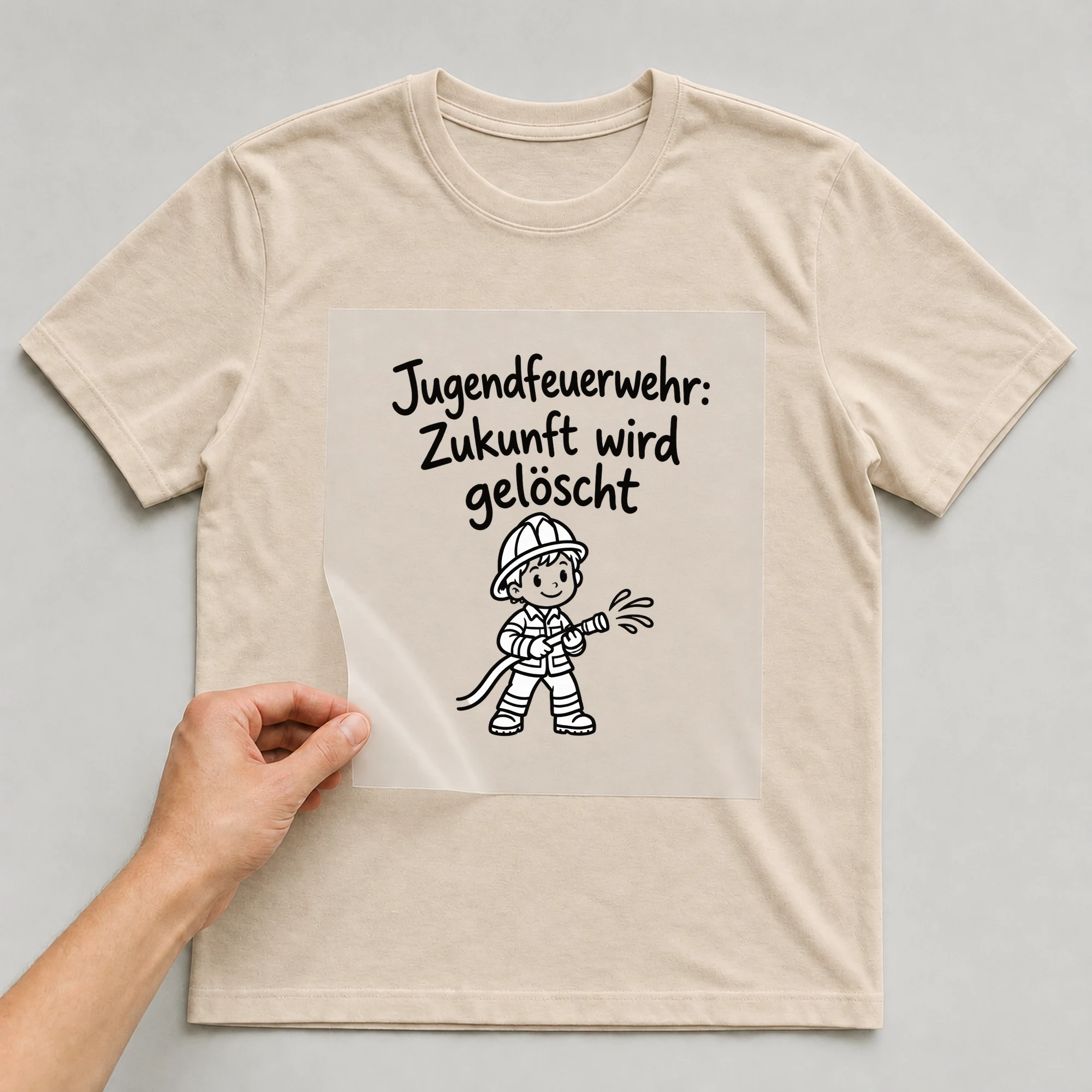 Bügelbild „Jugendfeuerwehr: Zukunft wird gelöscht“ auf beigem T-Shirt, Folie wird aufgelegt