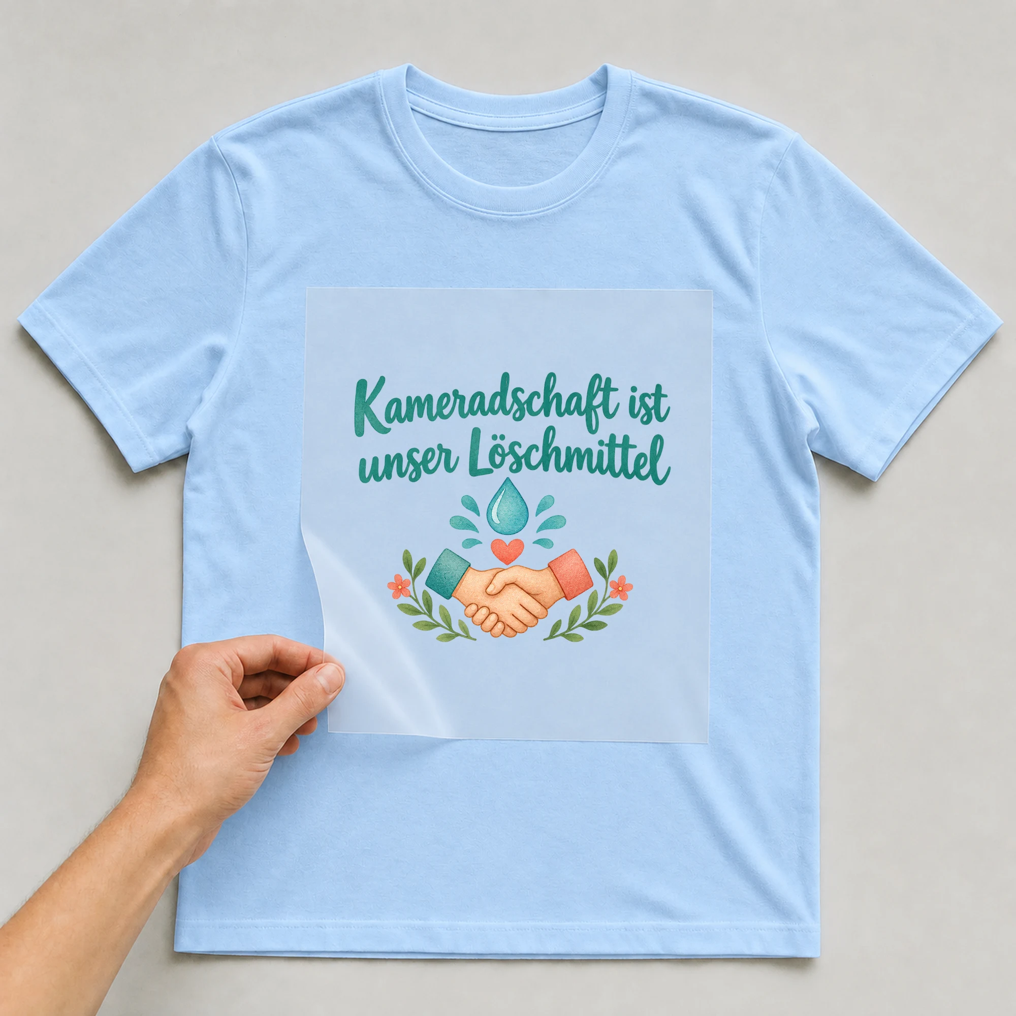Bügelbild „Kameradschaft ist unser Löschmittel“ auf babyblauem T-Shirt, Folie wird aufgelegt