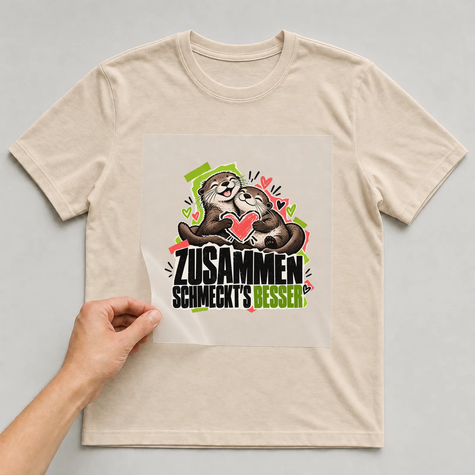Bügelbild „Zusammen schmeckt’s besser“ (Zine-Collage-Stil) auf beigem T-Shirt, Folie wird aufgelegt