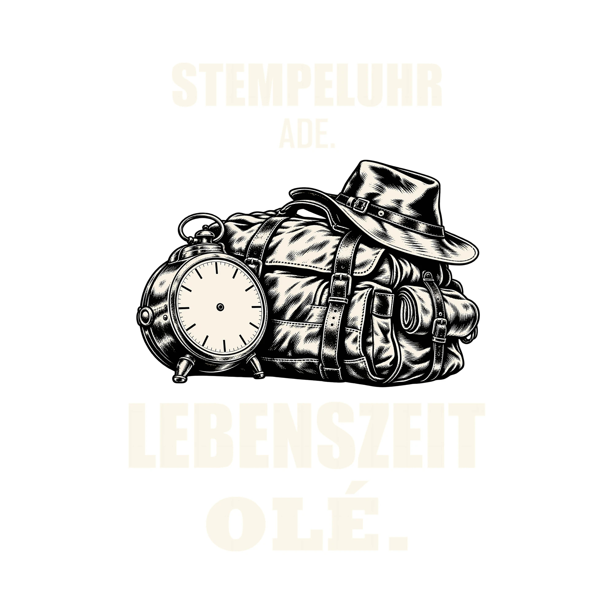 Bügelbild STEMPELUHR ADE. LEBENSZEIT OLÉ. als Grafik auf weißem Hintergrund (BB011496)