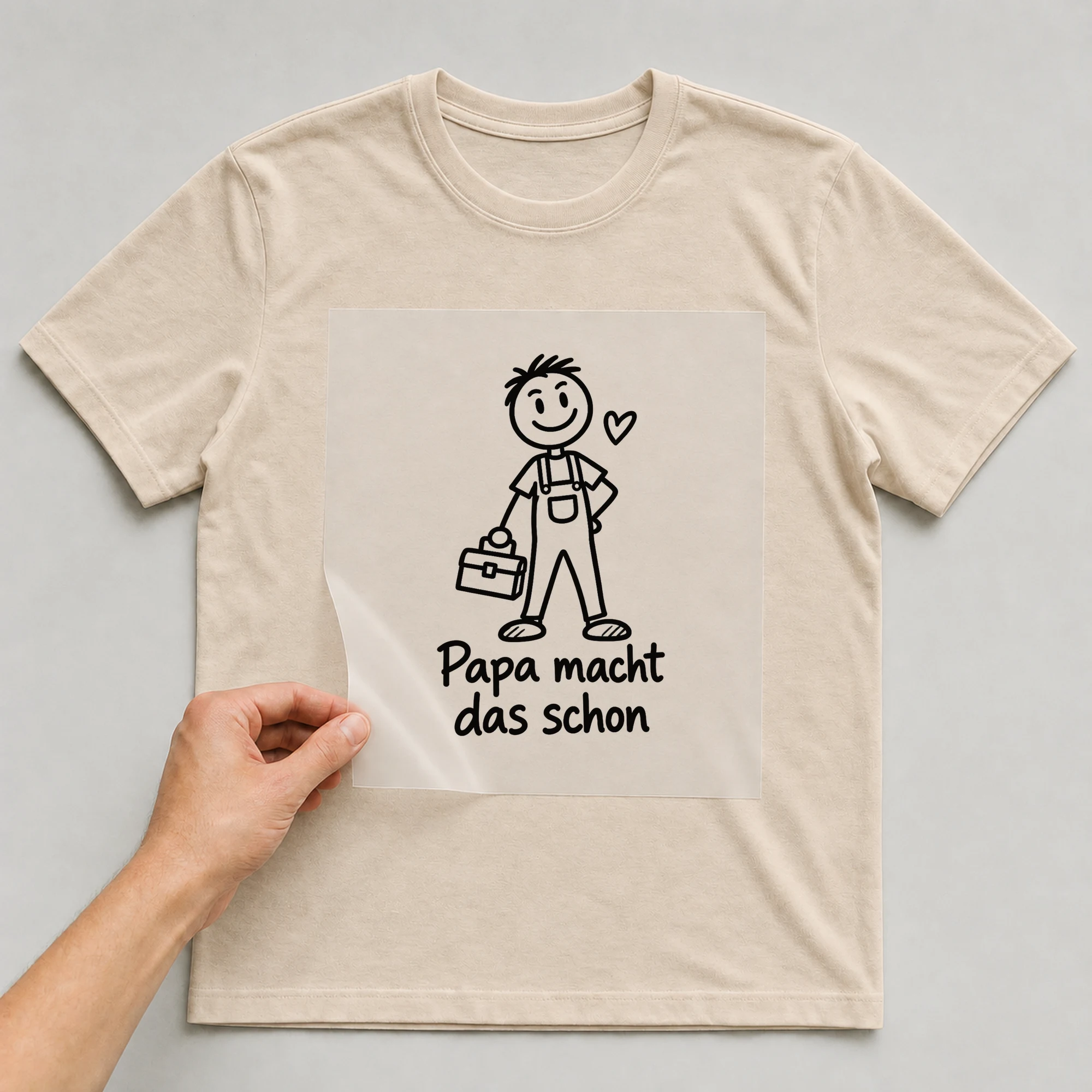 Bügelbild „Papa macht das schon“ auf beigem T-Shirt, Folie wird aufgelegt