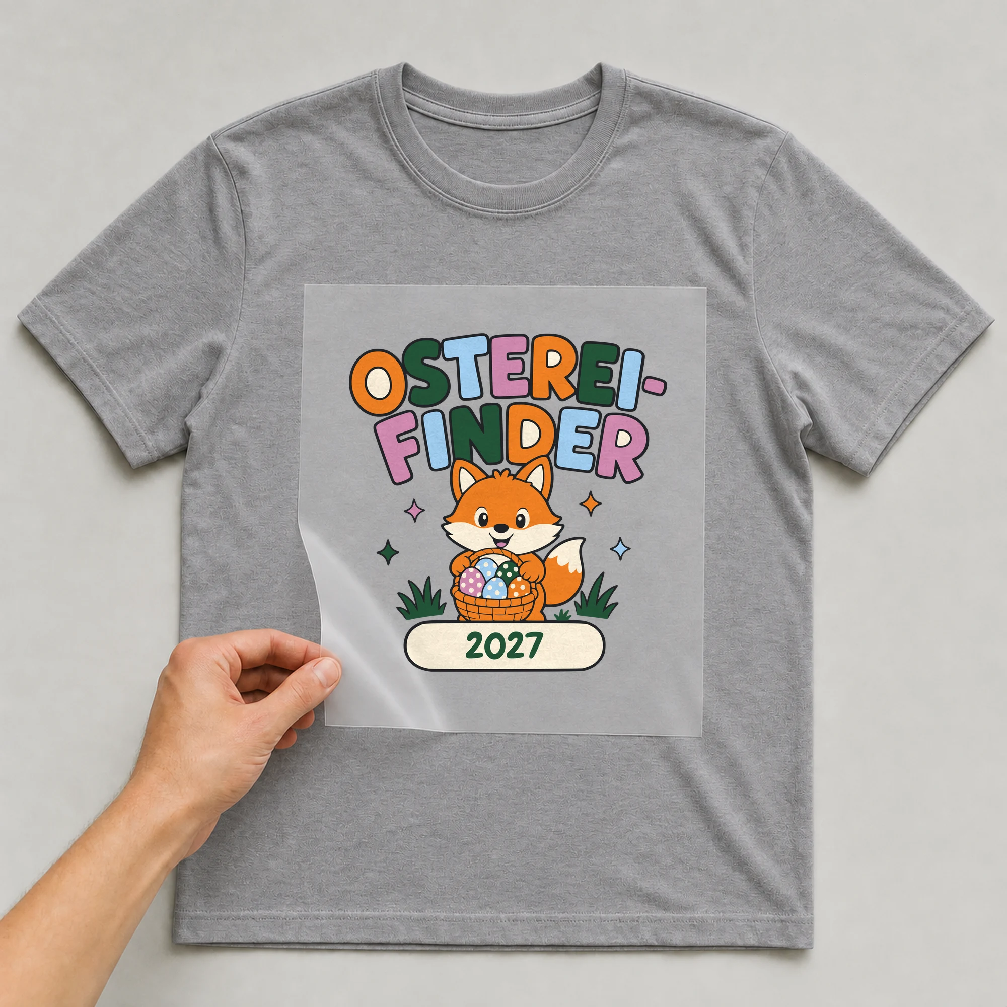 Bügelbild Osterei-Finder mit Jahr auf grauem T-Shirt, Folie wird aufgelegt