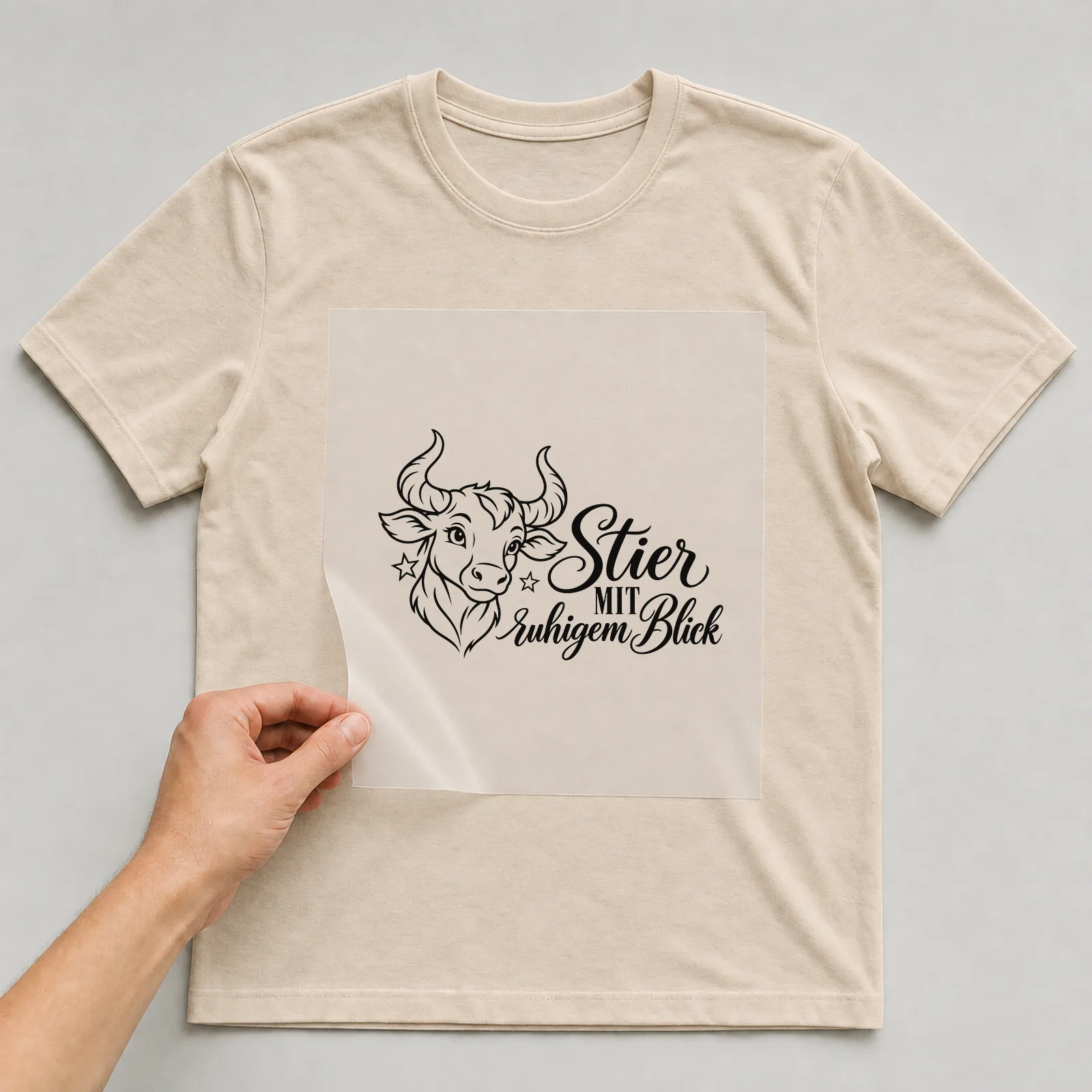 Bügelbild „Stier mit ruhigem Blick“ auf beigem T-Shirt, Folie wird aufgelegt