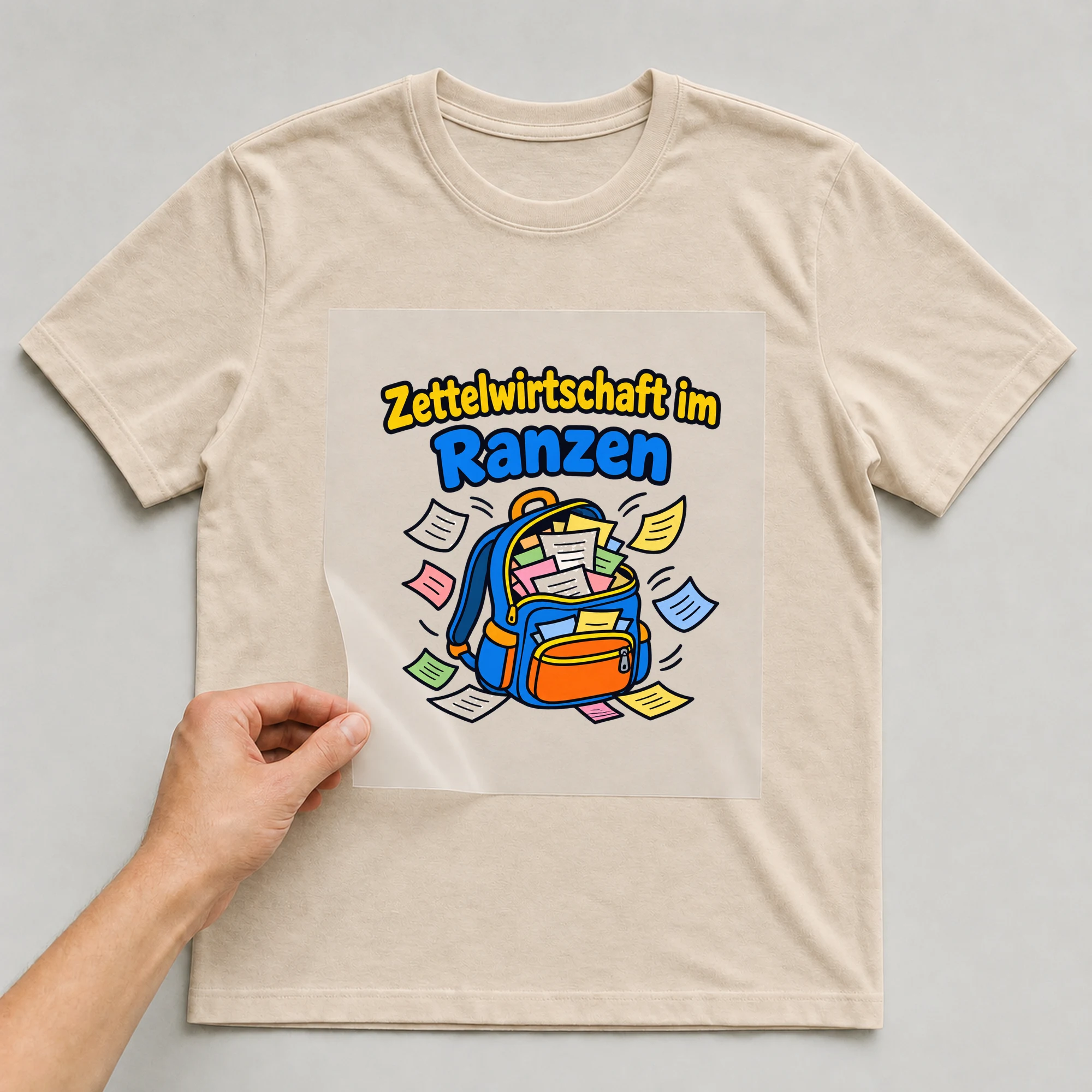 Bügelbild „Zettelwirtschaft im Ranzen“ auf beigem T-Shirt, Folie wird aufgelegt