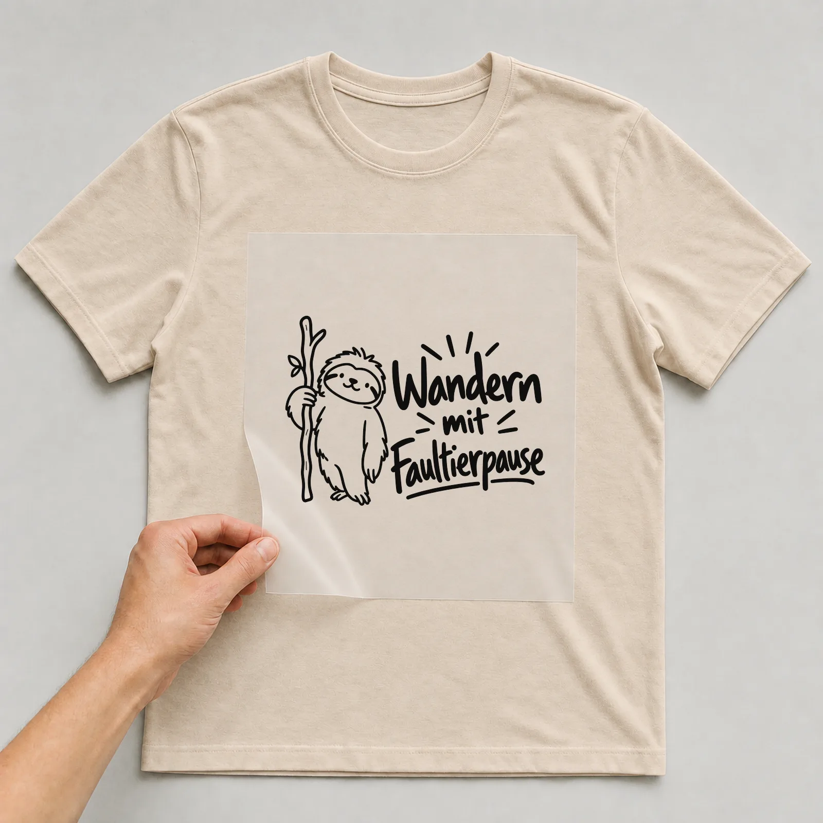 Bügelbild „Wandern mit Faultierpause“ auf beigem T-Shirt, Folie wird aufgelegt