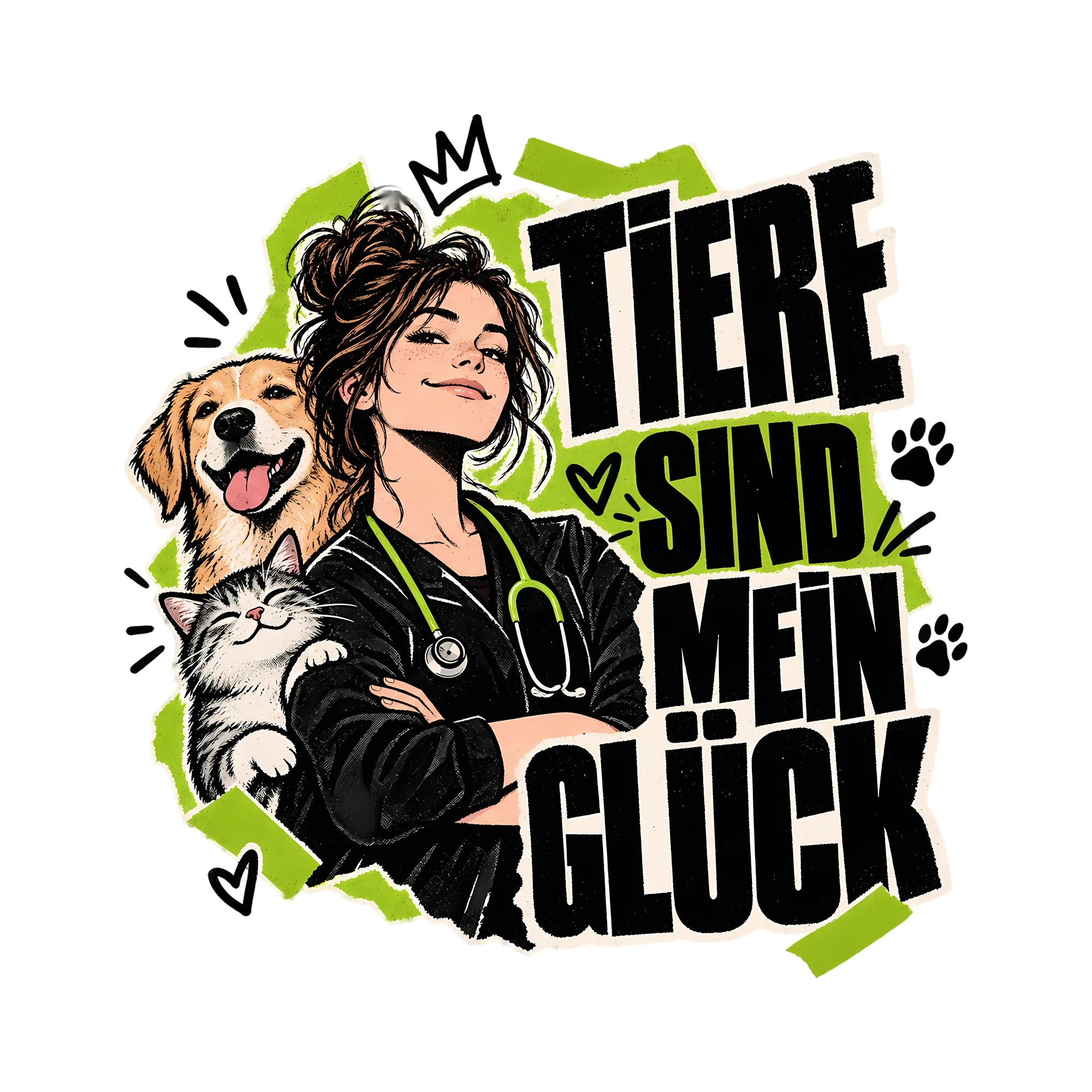 Bügelbild Tiere sind mein Glück als Grafik auf weißem Hintergrund (BB011578)