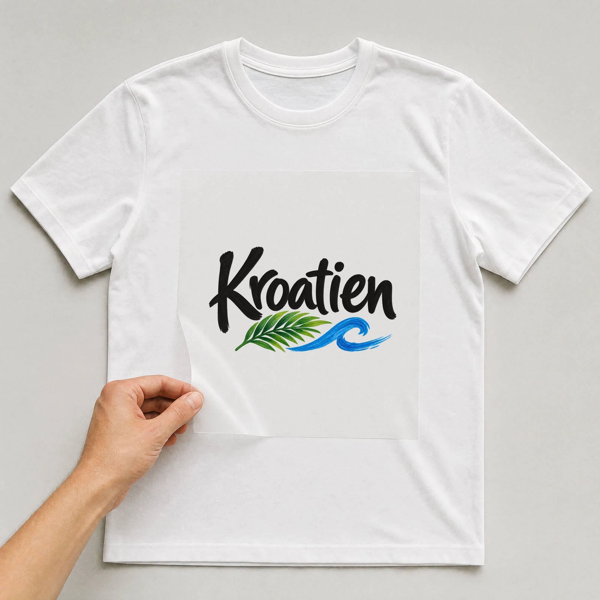 Bügelbild „Kroatien“ auf weißem T-Shirt, Folie wird aufgelegt