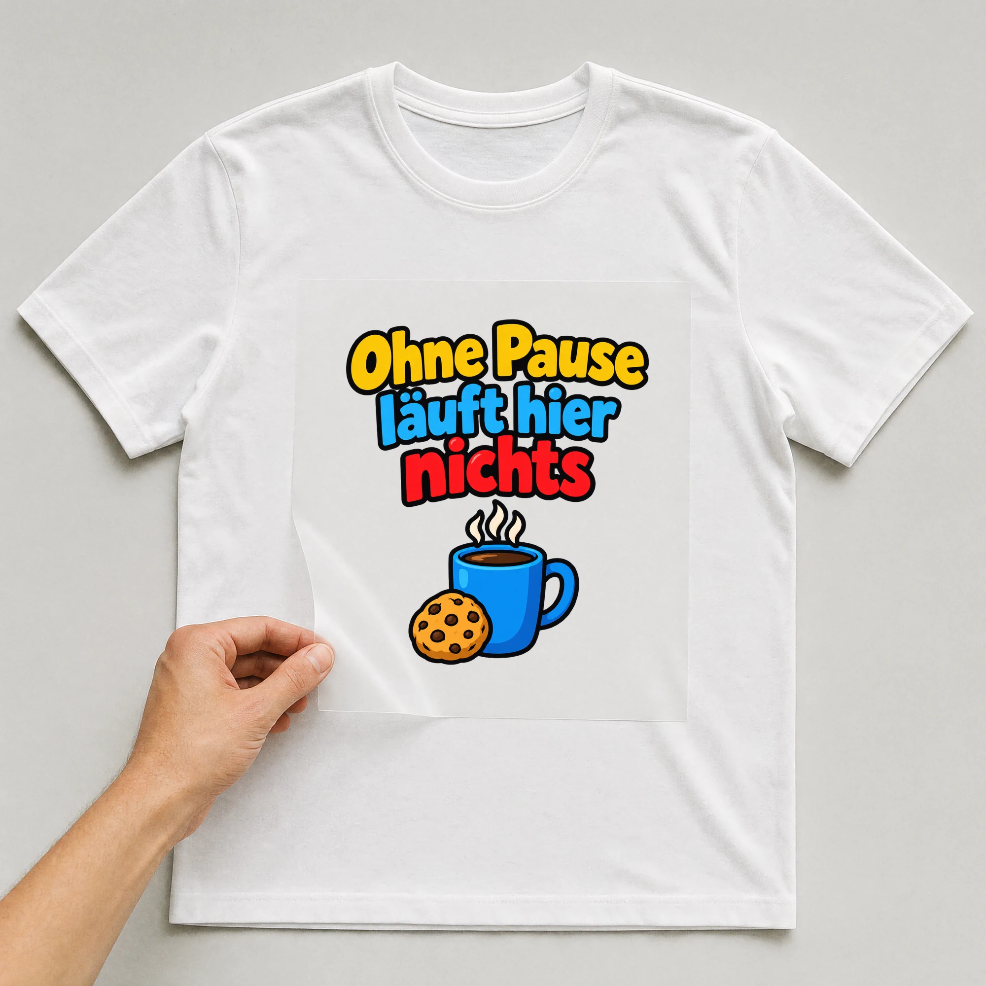 Bügelbild „Ohne Pause läuft hier nichts“ auf weißem T-Shirt, Folie wird aufgelegt