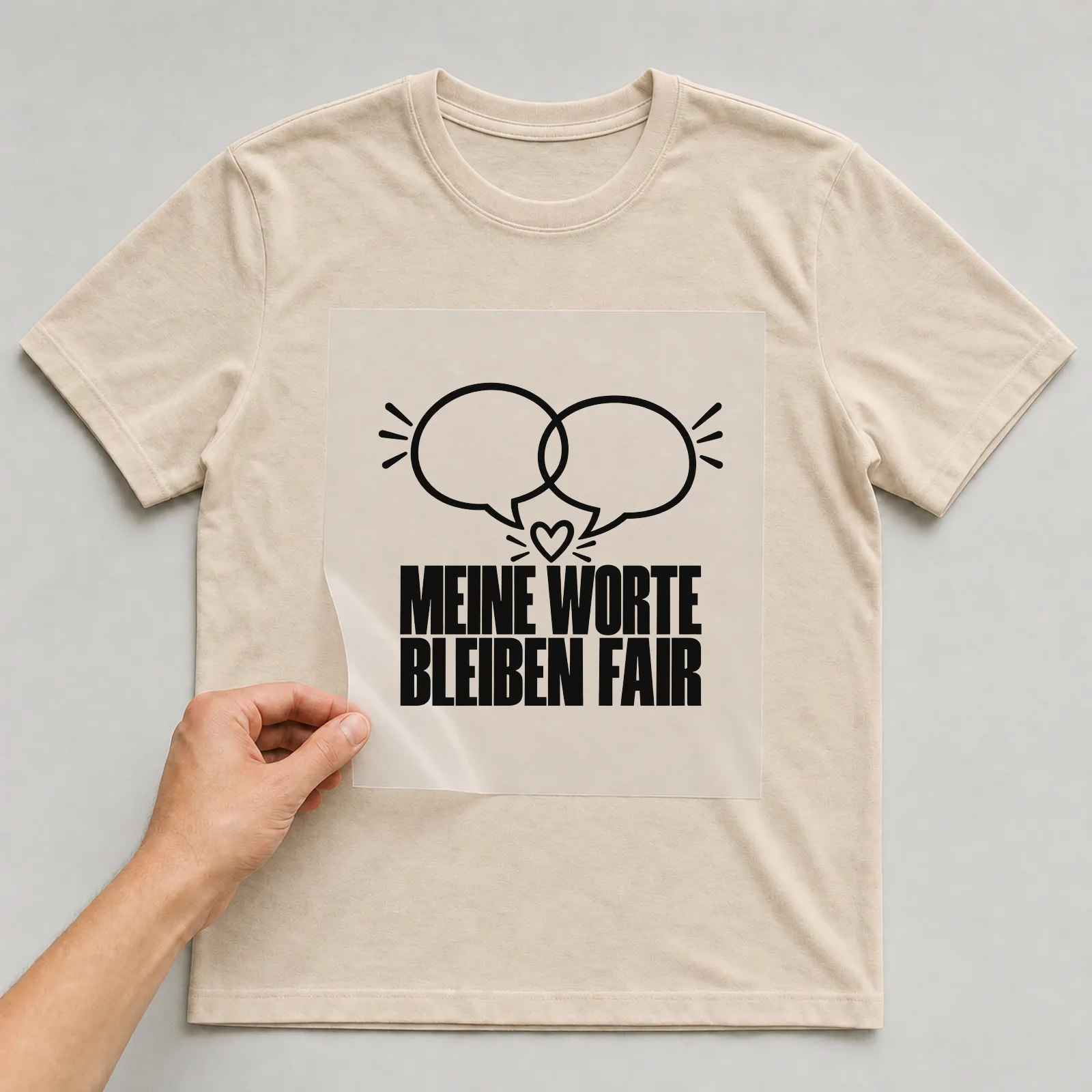 Bügelbild „Meine Worte bleiben fair“ auf beigem T-Shirt, Folie wird aufgelegt