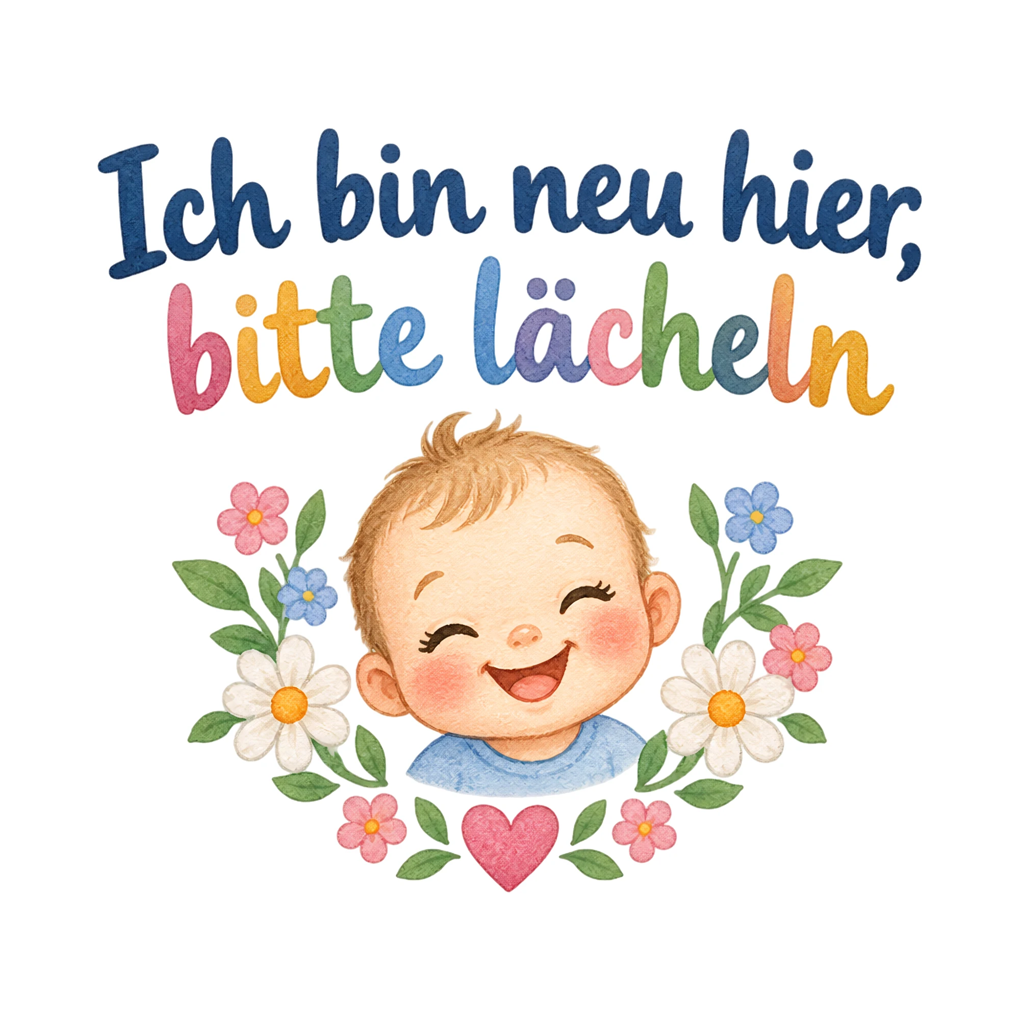 Bügelbild Ich bin neu hier, bitte lächeln als Grafik auf weißem Hintergrund (BB020041)