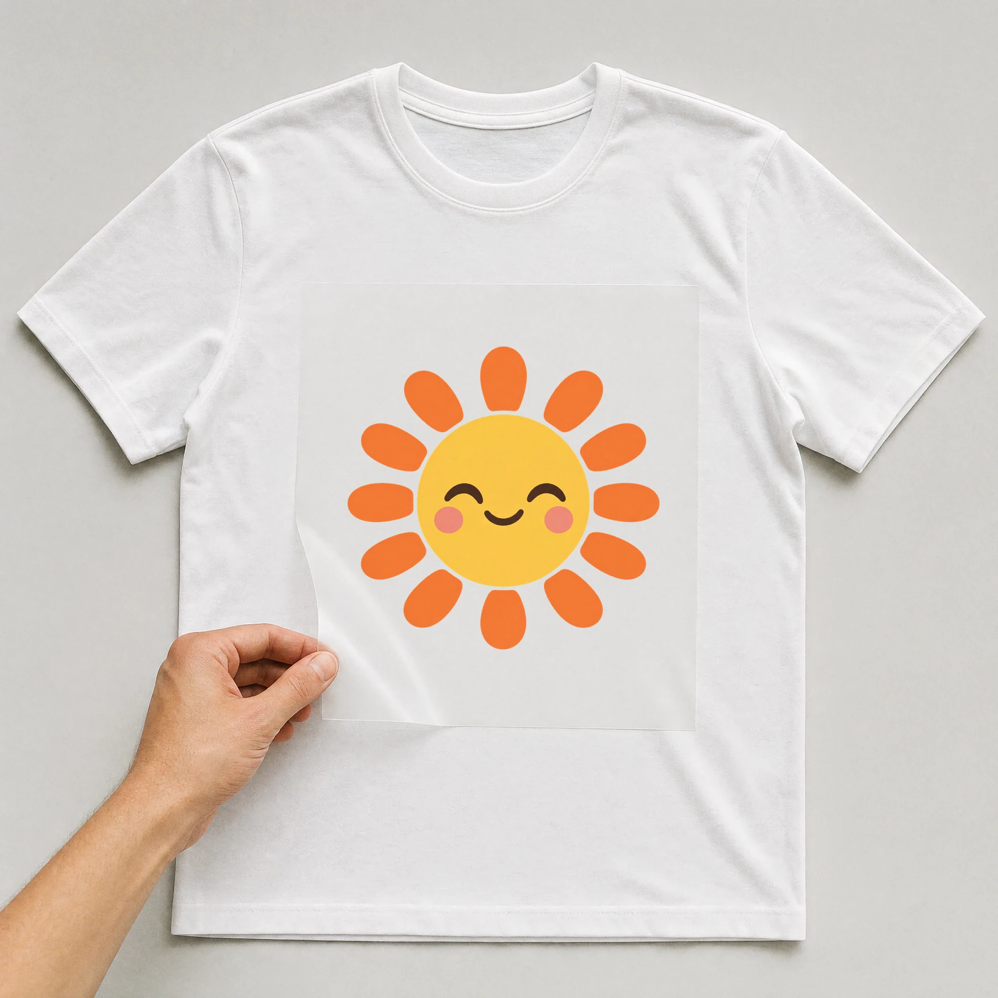 Bügelbild „Fröhliche Sonne“ auf weißem T-Shirt, Folie wird aufgelegt