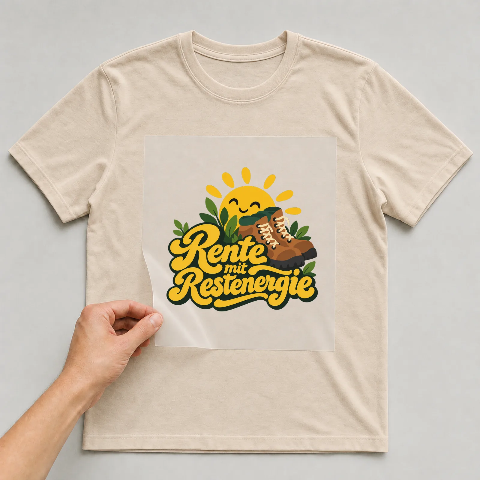 Bügelbild „Rente mit Restenergie“ auf beigem T-Shirt, Folie wird aufgelegt
