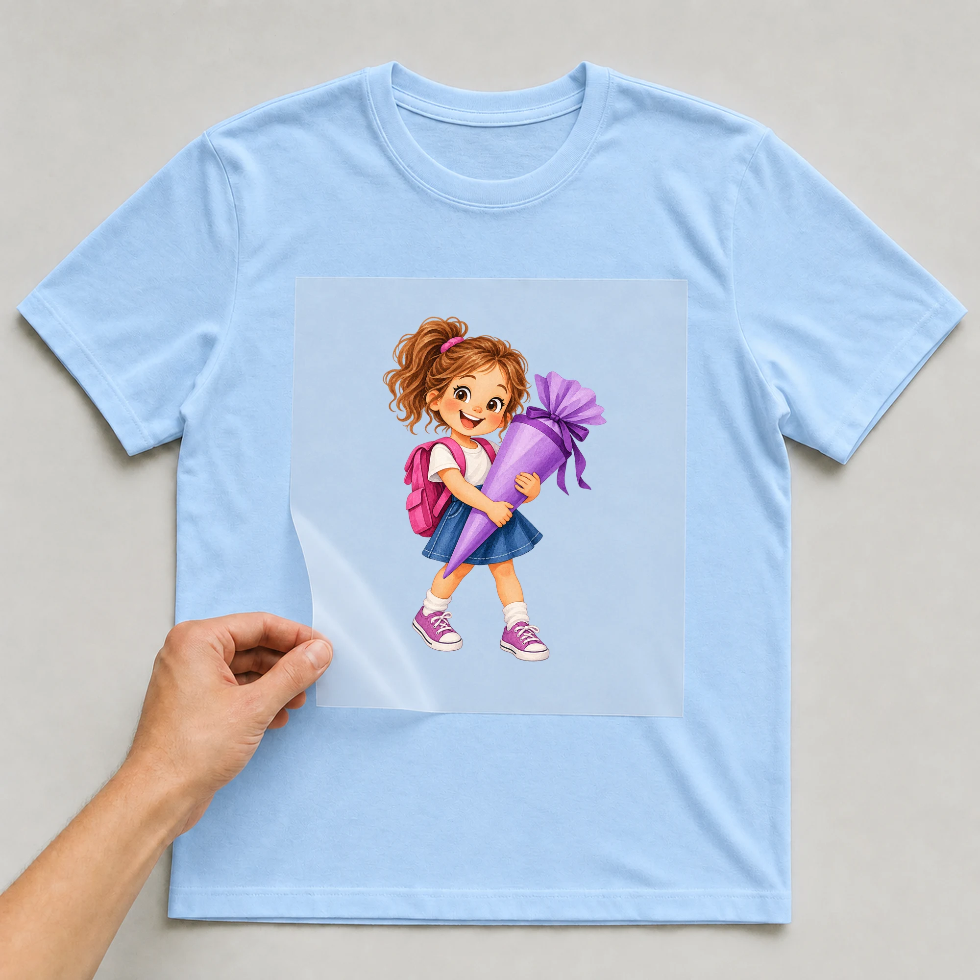 Bügelbild „Kind Mit 123-Schultüte“ auf babyblauem T-Shirt, Folie wird aufgelegt