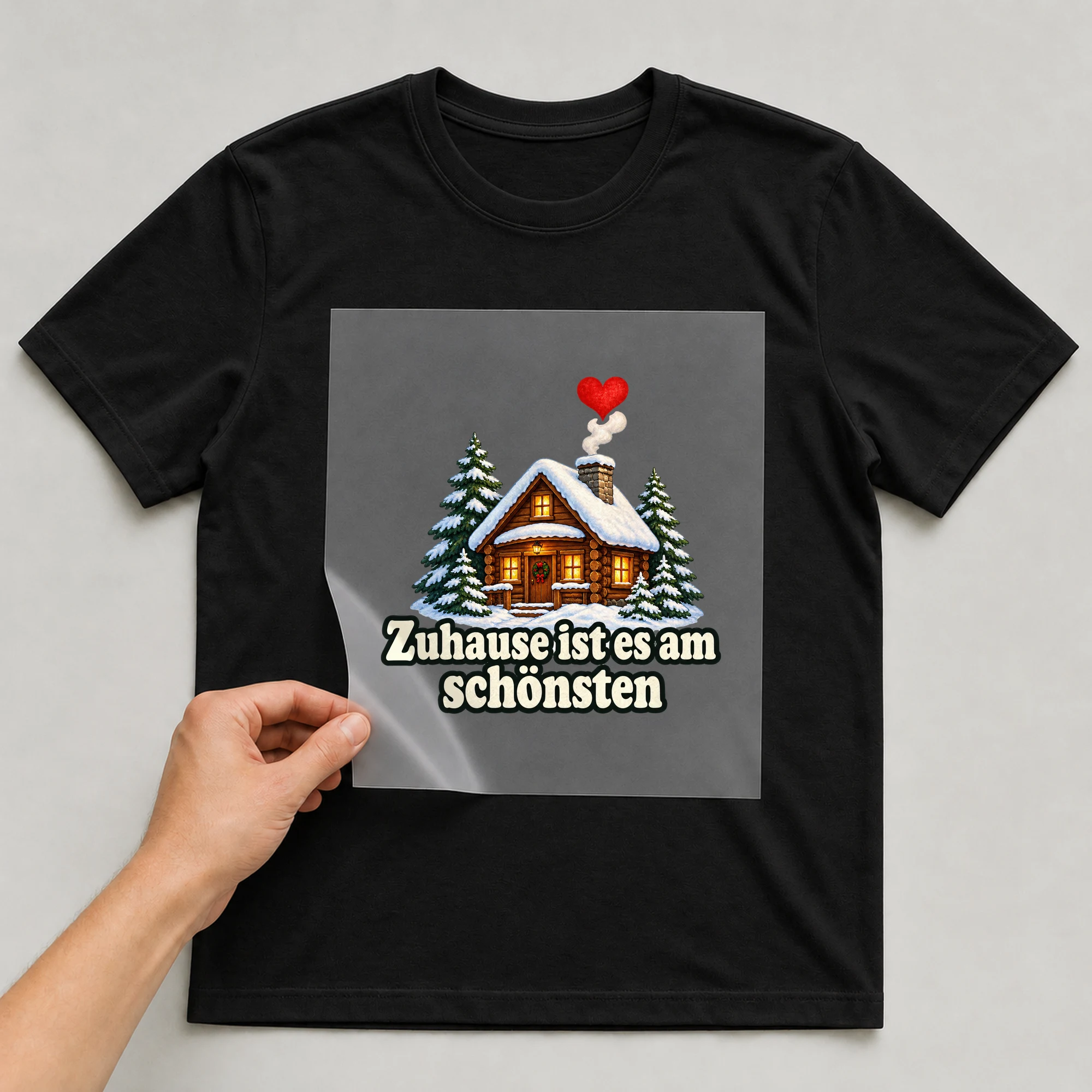 Bügelbild „Zuhause ist Winterzeit“ auf schwarzem T-Shirt, Folie wird aufgelegt