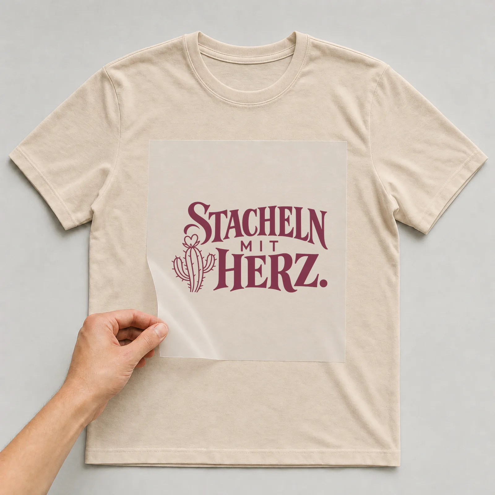 Bügelbild „Stacheln mit Herz“ auf beigem T-Shirt, Folie wird aufgelegt