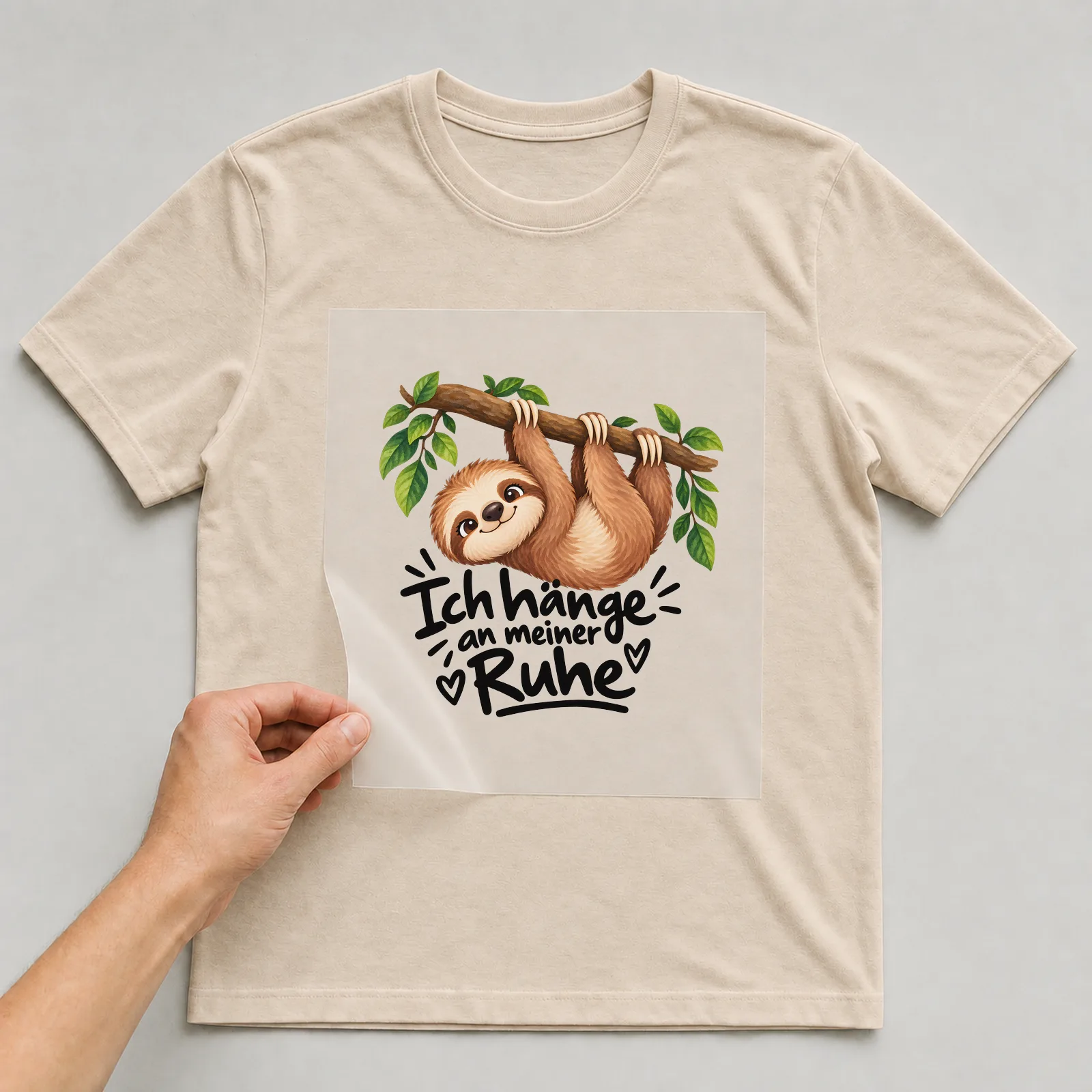 Bügelbild „Ich hänge an meiner Ruhe“ auf beigem T-Shirt, Folie wird aufgelegt