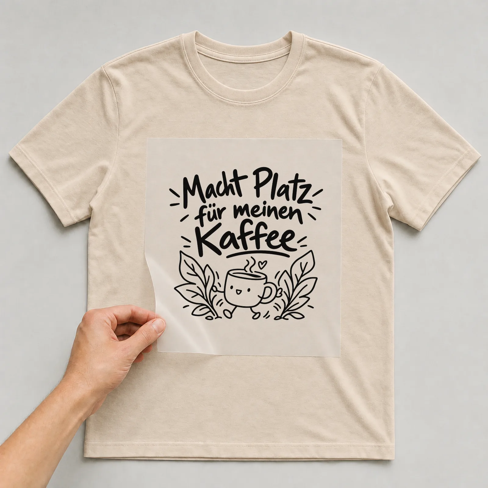 Bügelbild „Macht Platz für meinen Kaffee“ auf beigem T-Shirt, Folie wird aufgelegt