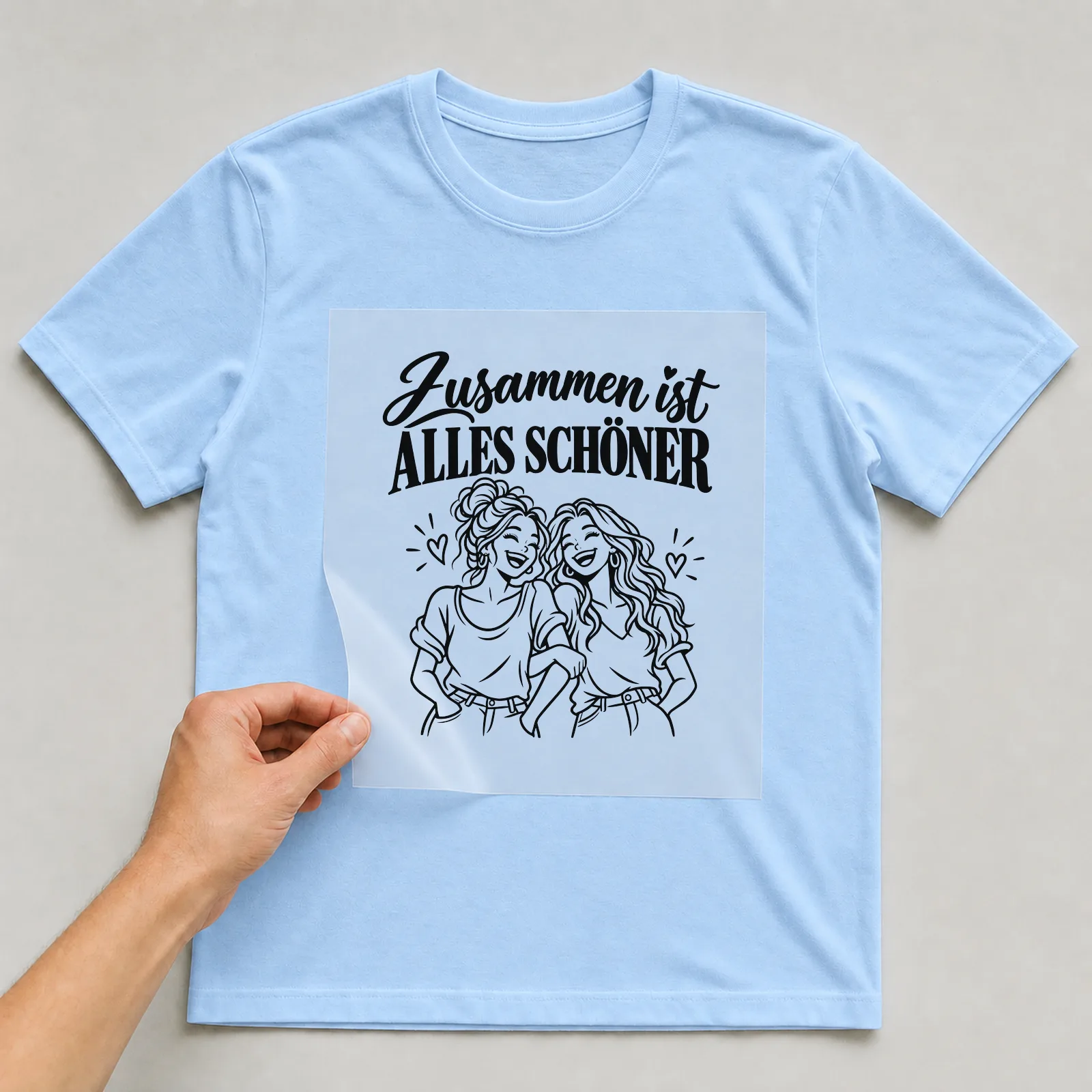Bügelbild „Zusammen ist alles schöner“ auf hellblauem T-Shirt, Folie wird aufgelegt