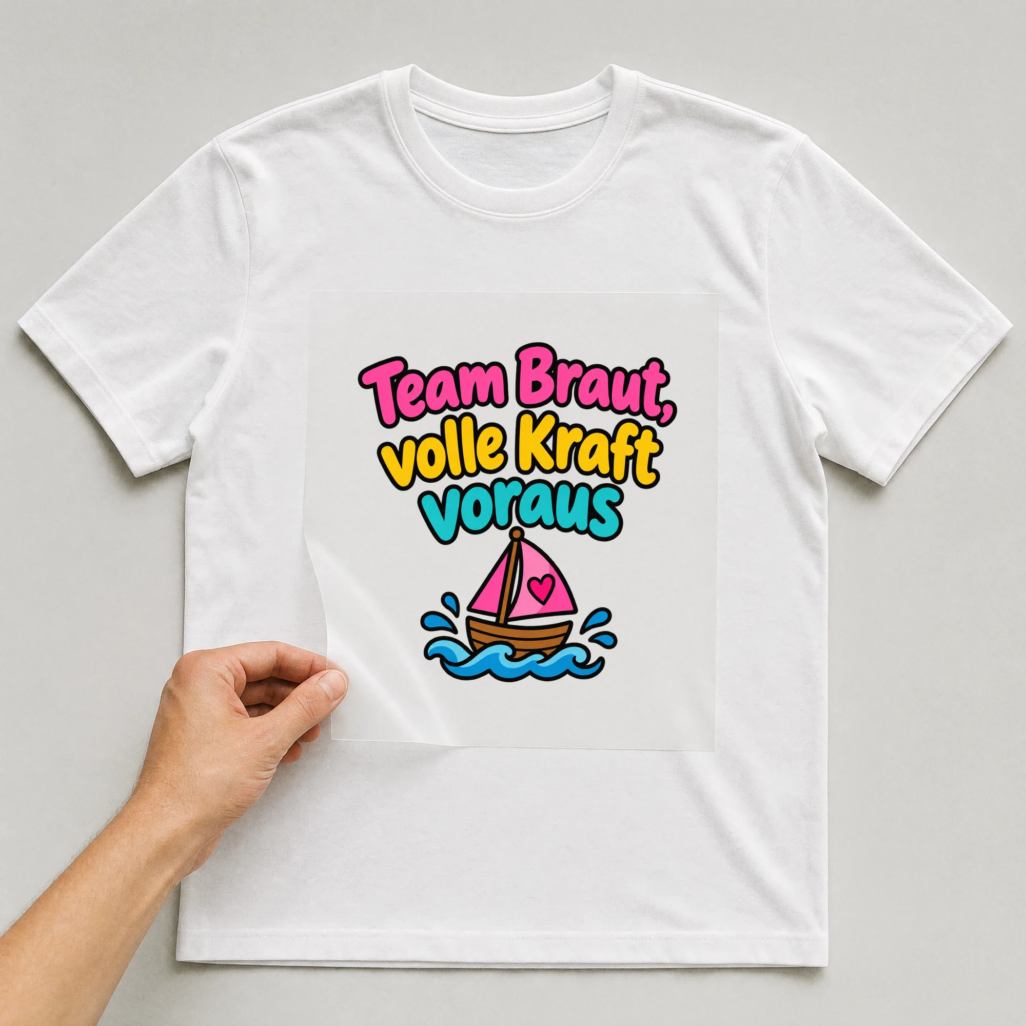 Bügelbild „Team braut volle kraft voraus“ auf weißem T-Shirt, Folie wird aufgelegt