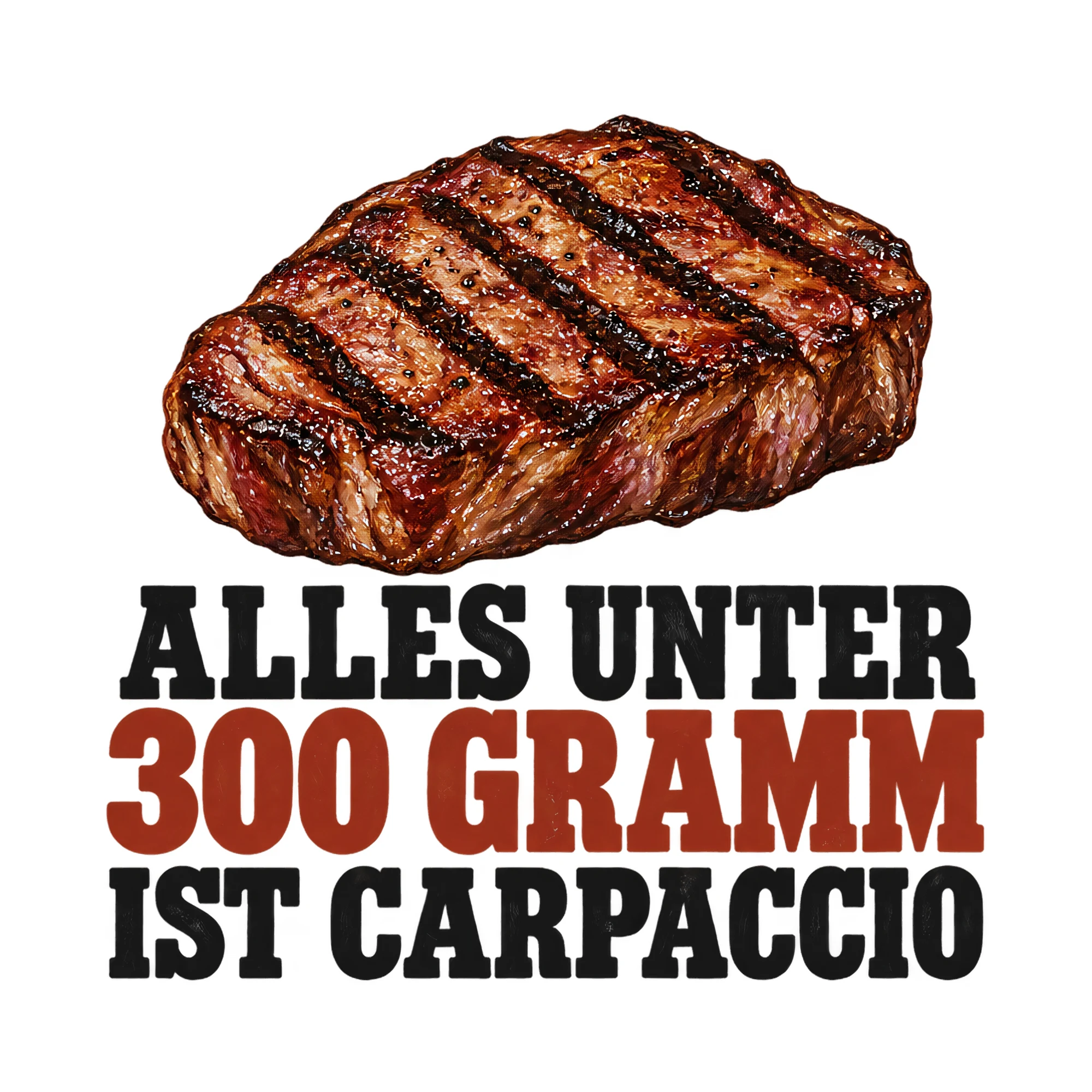 Bügelbild Alles unter 300 Gramm ist Carpaccio, Lustiger Shirt Spruch als Grafik auf weißem Hintergrund (BB017922)