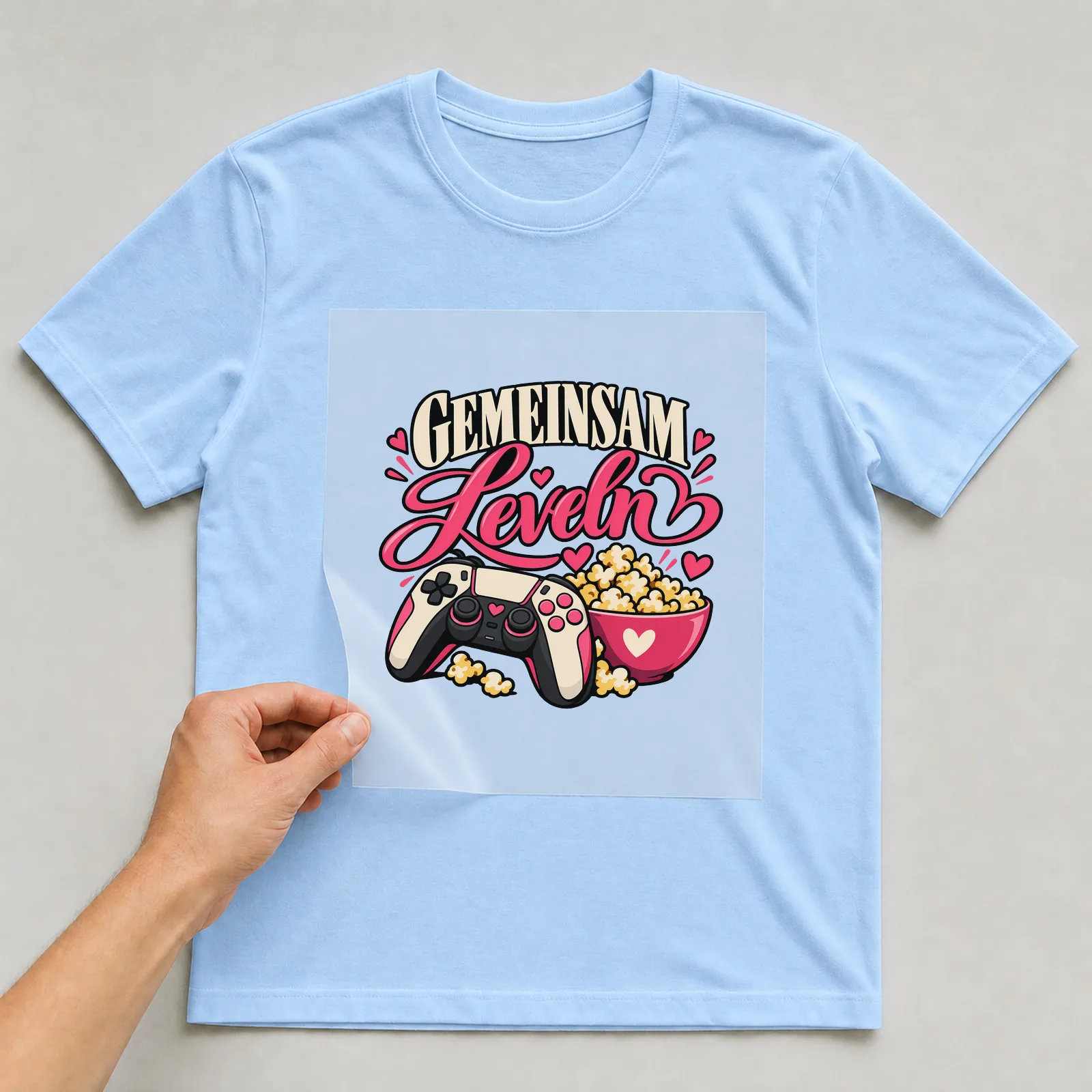 Bügelbild „Gemeinsam leveln“ auf hellblauem T-Shirt, Folie wird aufgelegt