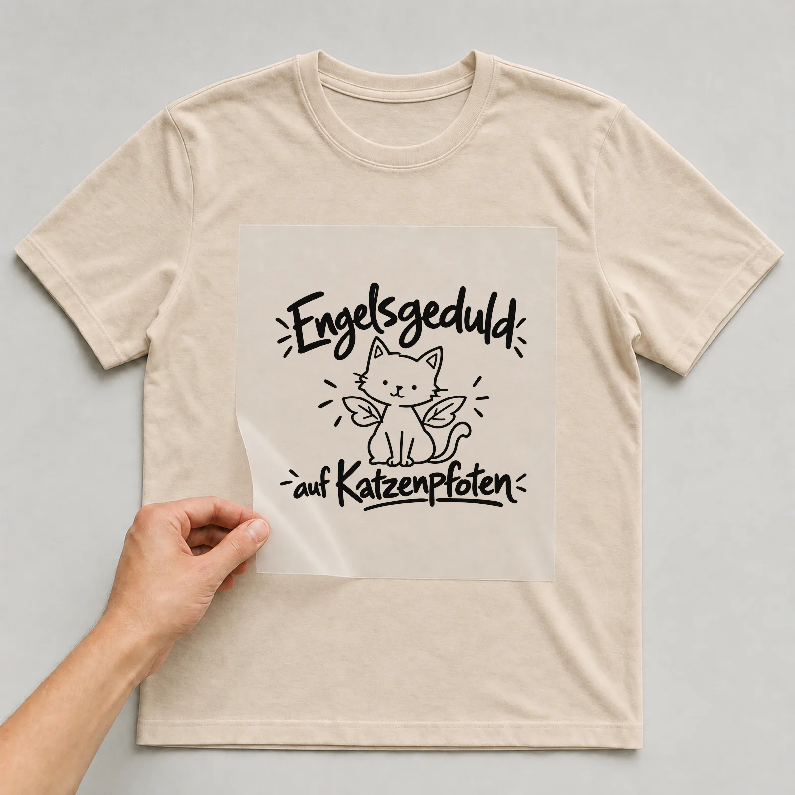 Bügelbild „Engelsgeduld auf Katzenpfoten“ auf beigem T-Shirt, Folie wird aufgelegt