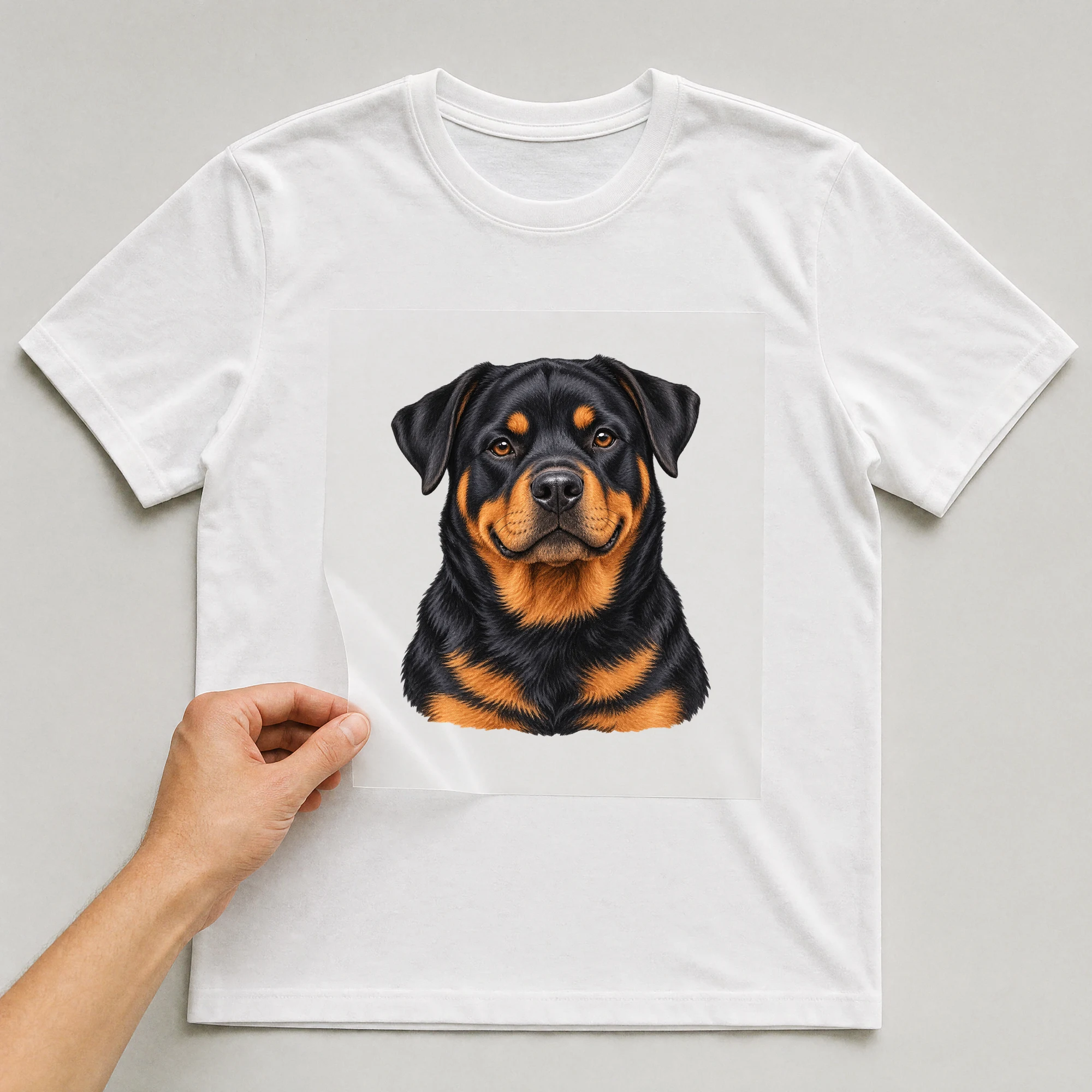 Bügelbild „Rottweiler“ auf weißem T-Shirt, Folie wird aufgelegt