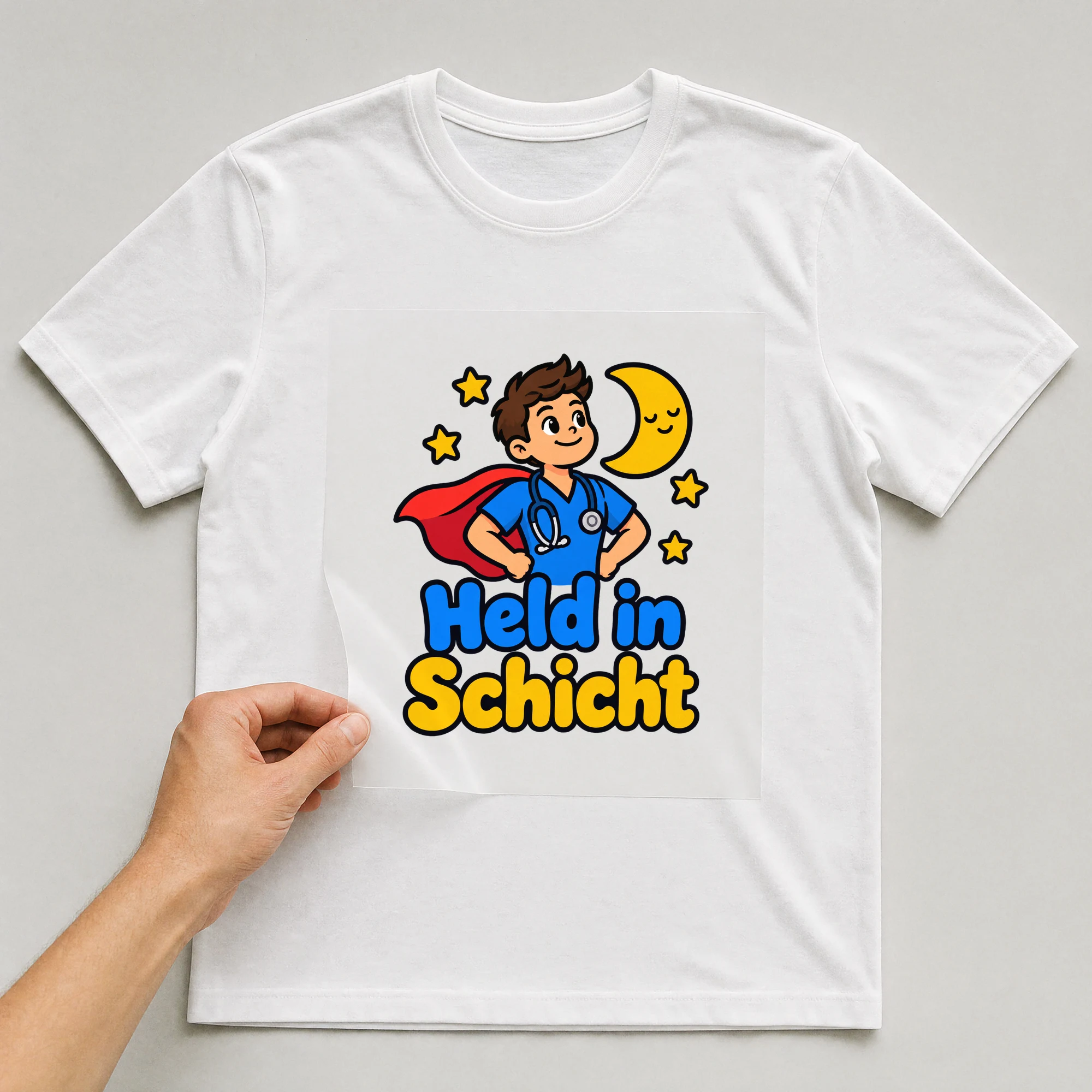 Bügelbild „Held in Schicht“ auf weißem T-Shirt, Folie wird aufgelegt