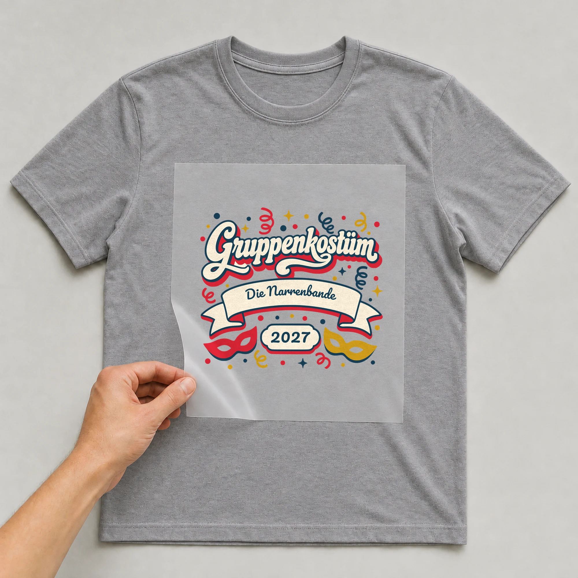 Bügelbild Gruppenkostüm mit Gruppenname und Jahr auf grauem T-Shirt, Folie wird aufgelegt