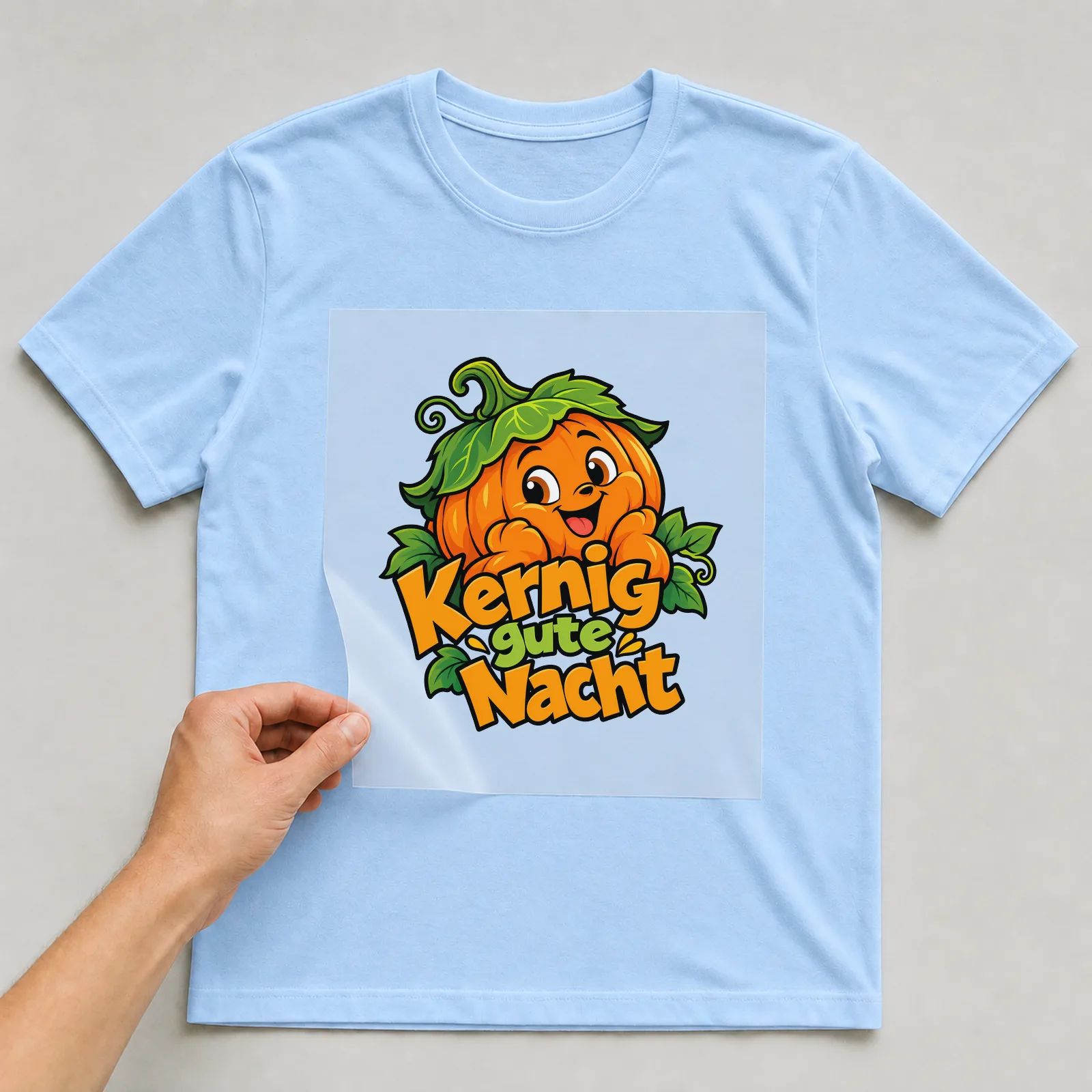 Bügelbild „Kernig gute Nacht“ auf hellblauem T-Shirt, Folie wird aufgelegt