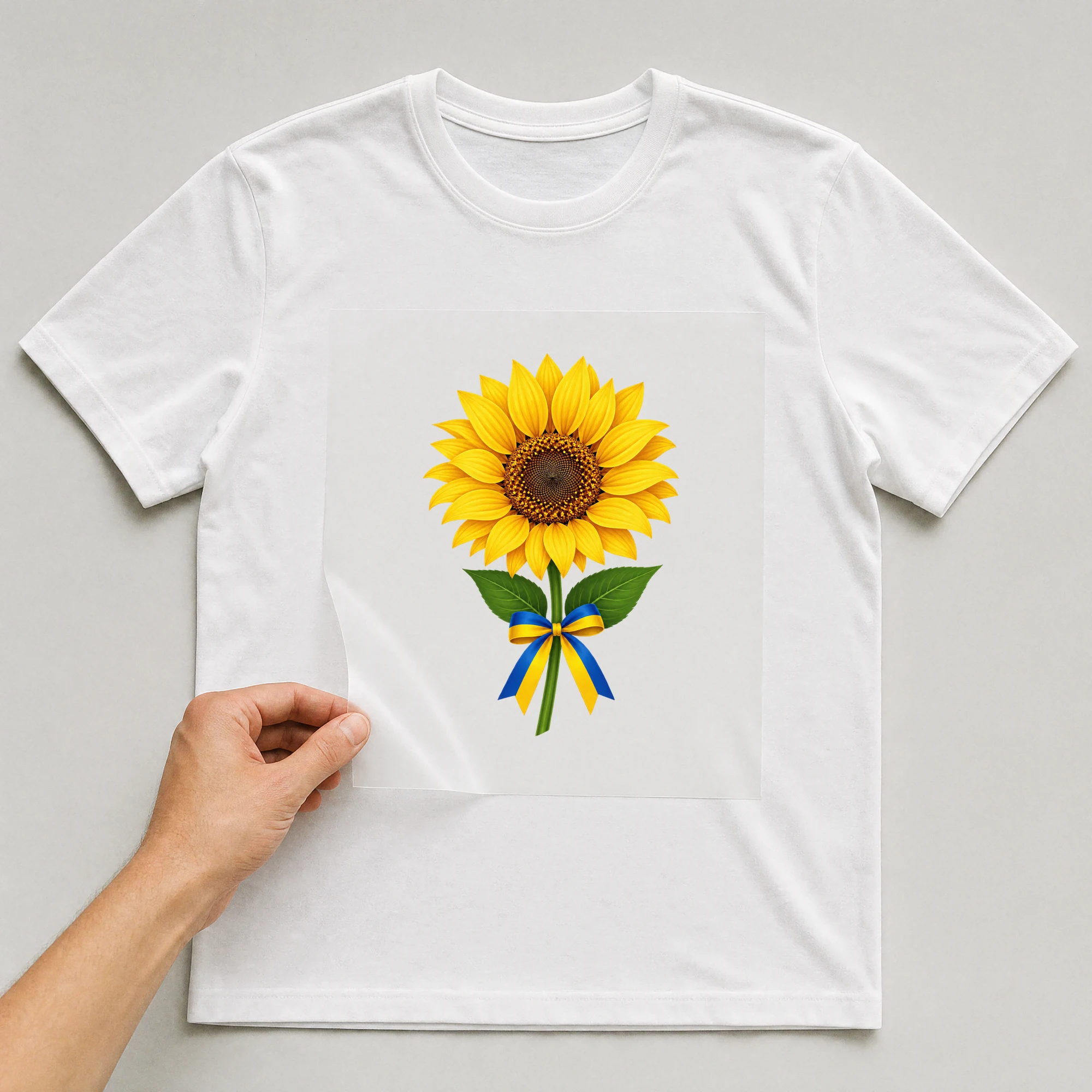 Bügelbild „Sonnenblume mit Schleife“ auf weißem T-Shirt, Folie wird aufgelegt