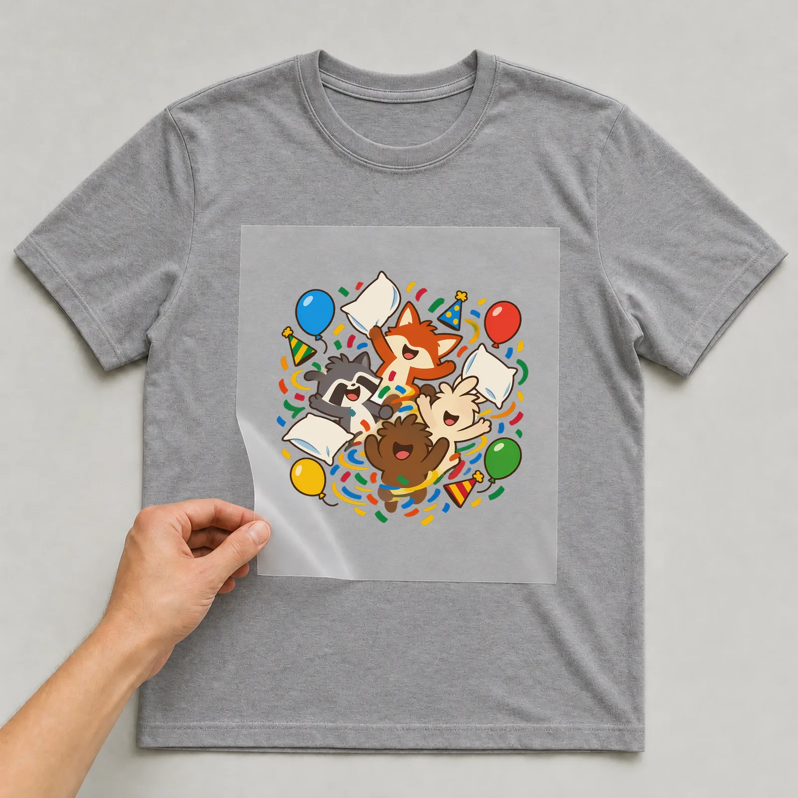 Bügelbild freundschaft kissenschlacht auf grauem T-Shirt, Folie wird aufgelegt