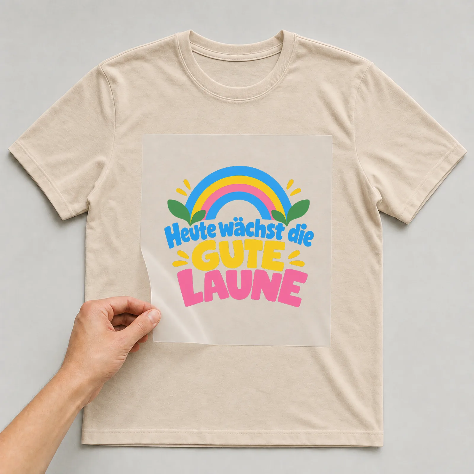 Bügelbild „Heute wächst die gute Laune“ auf beigem T-Shirt, Folie wird aufgelegt