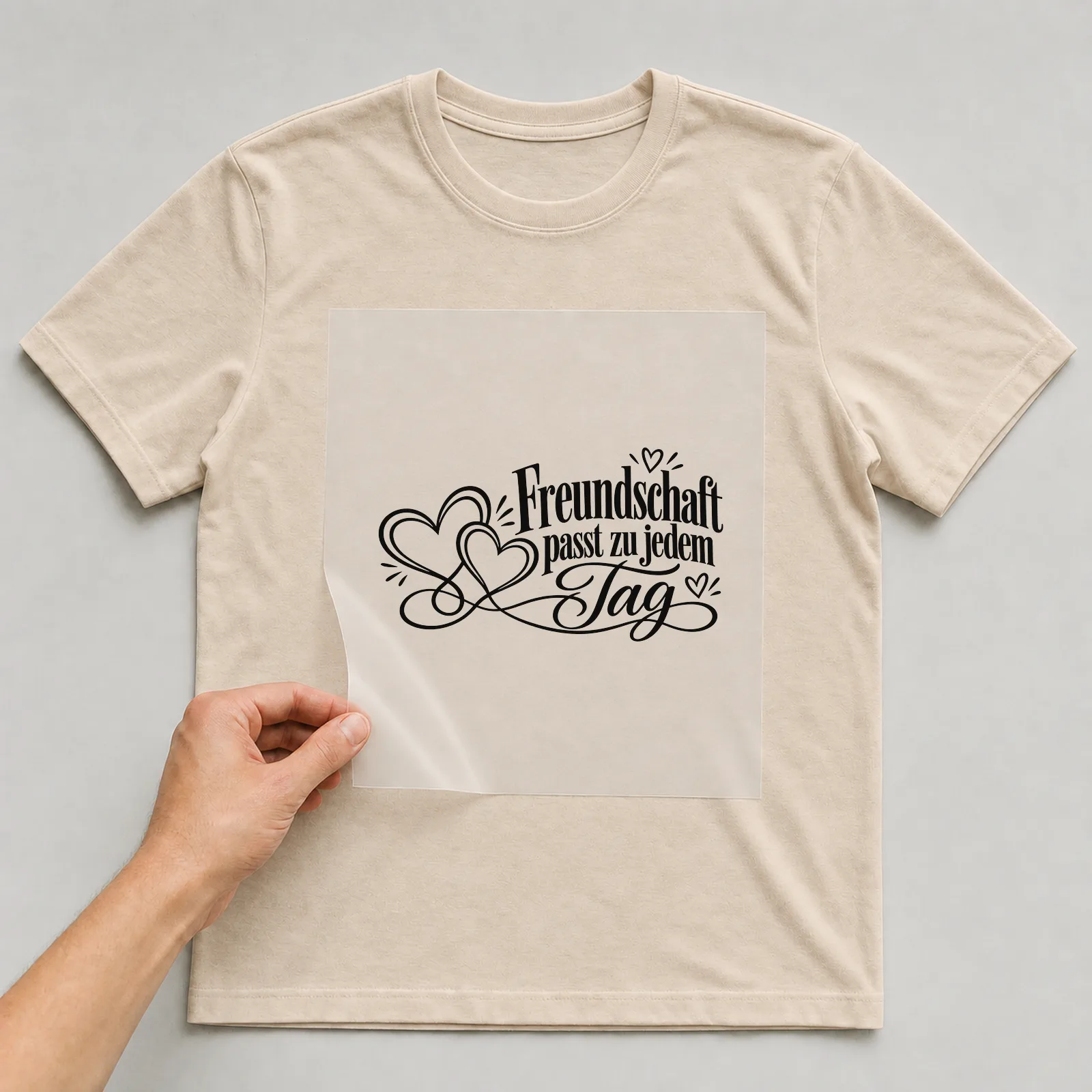 Bügelbild „Freundschaft passt zu jedem Tag“ auf beigem T-Shirt, Folie wird aufgelegt