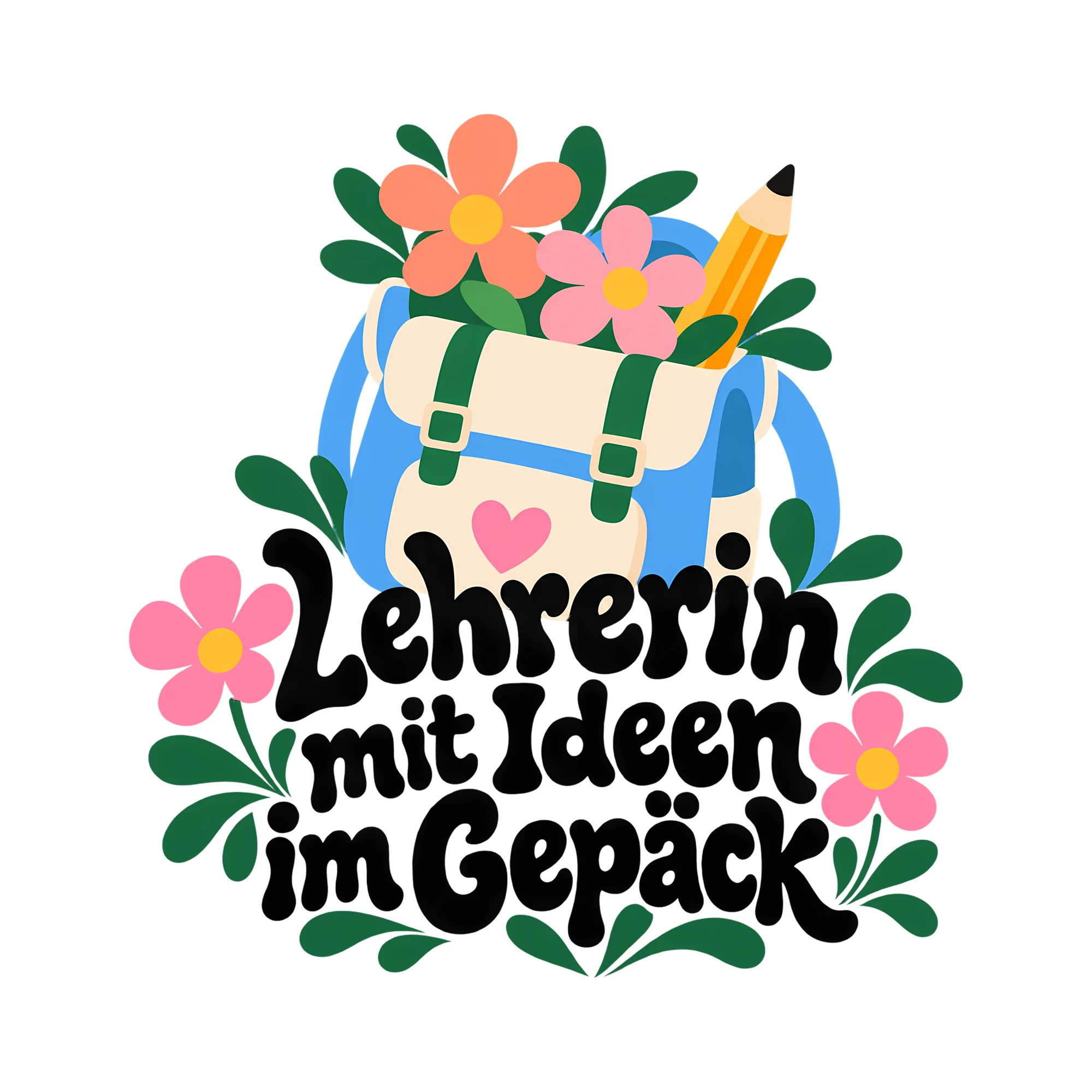 Bügelbild Lehrerin mit Ideen im Gepäck als Grafik auf weißem Hintergrund (BB011652)