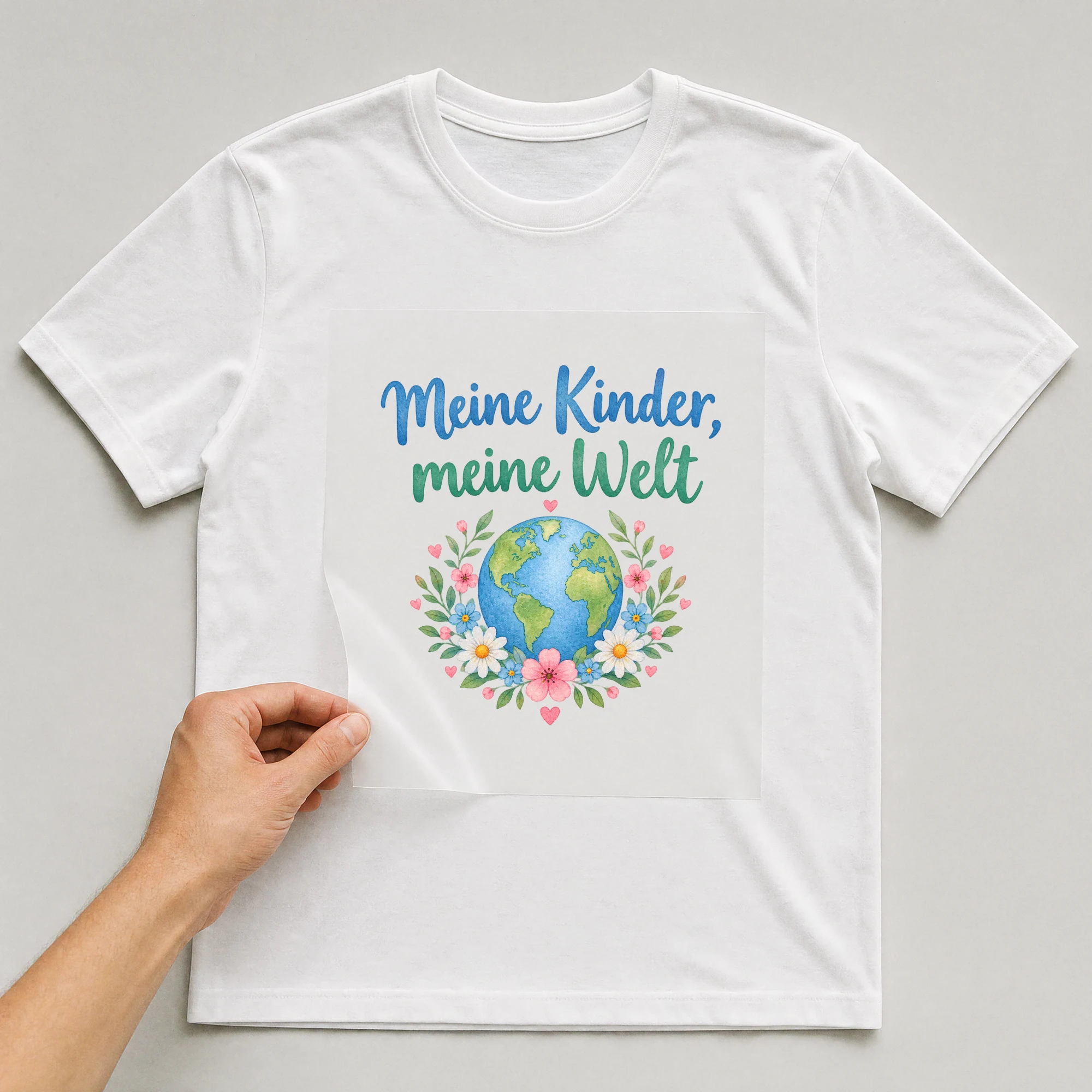 Bügelbild „Meine Kinder, meine Welt“ auf weißem T-Shirt, Folie wird aufgelegt