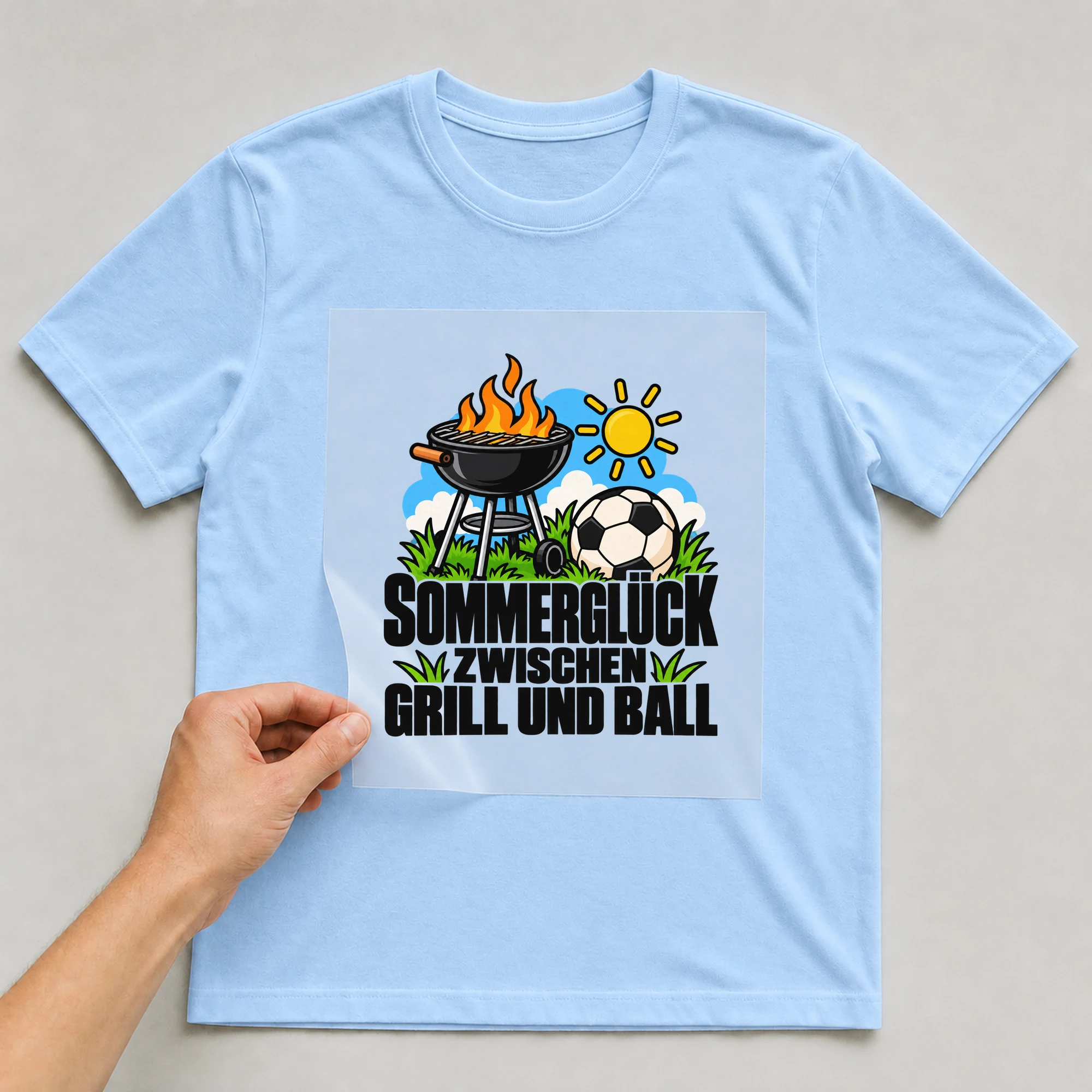 Bügelbild „Sommerglück zwischen Grill und Ball“ auf babyblauem T-Shirt, Folie wird aufgelegt