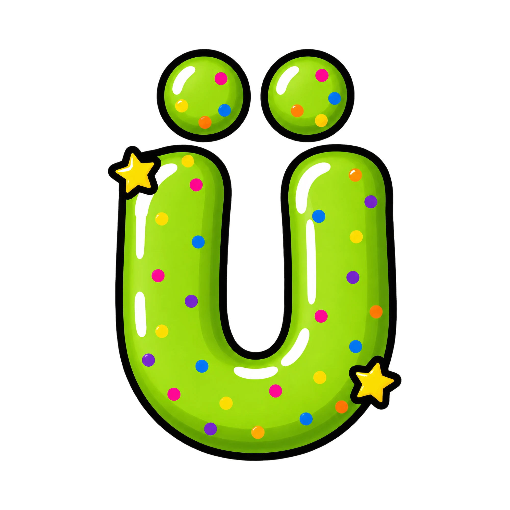 Bügelbild Buchstabe Ü im Comic-Ballon-Stil, Buchstaben Bügelbild als Grafik auf weißem Hintergrund (BB016339)
