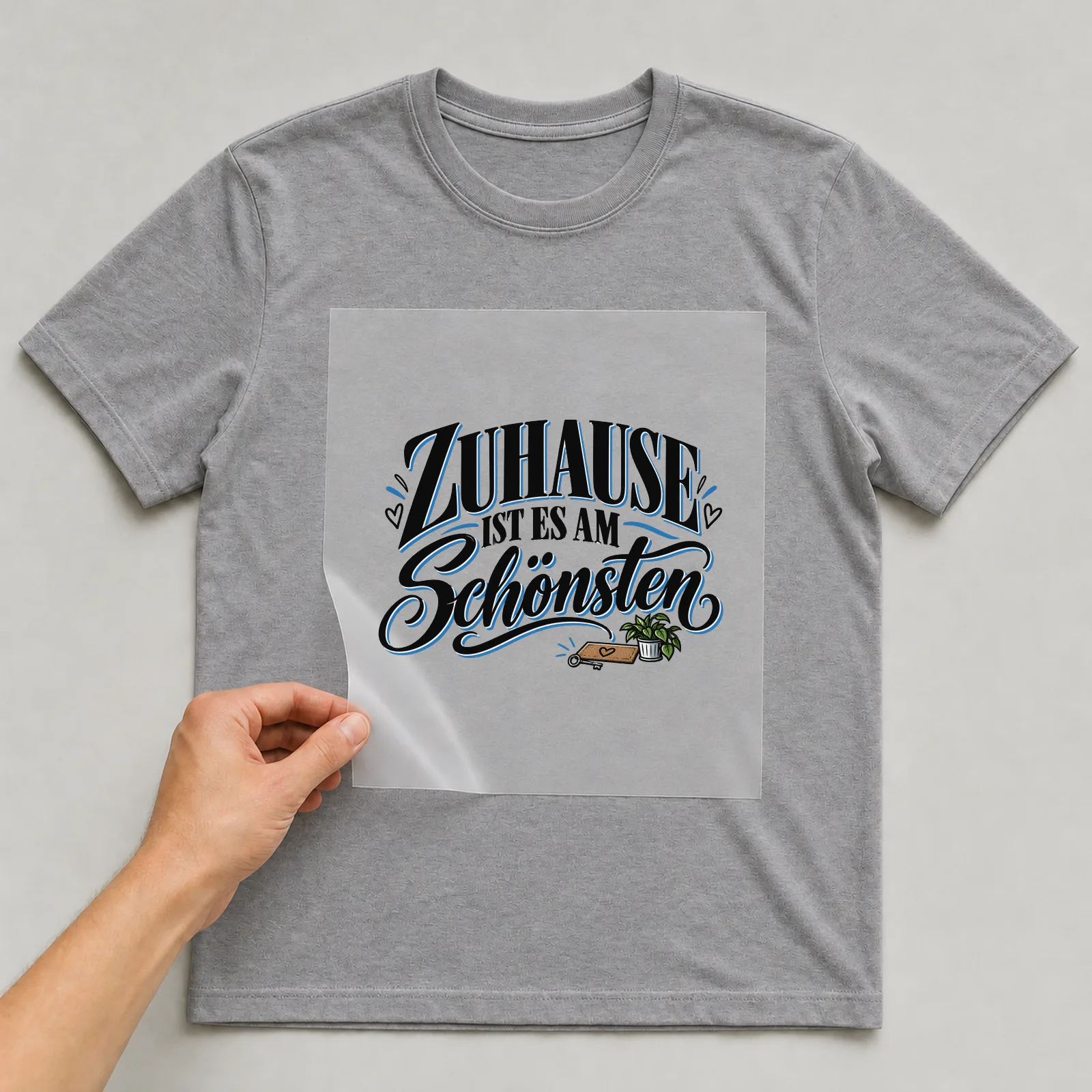 Bügelbild „Zuhause ist es am schönsten“ auf grauem T-Shirt, Folie wird aufgelegt