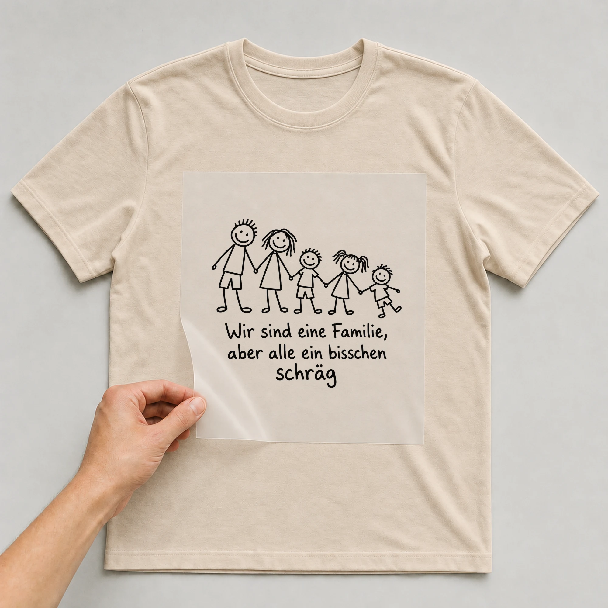 Bügelbild „Wir sind eine Familie, aber alle ein bisschen schräg“ auf beigem T-Shirt, Folie wird aufgelegt