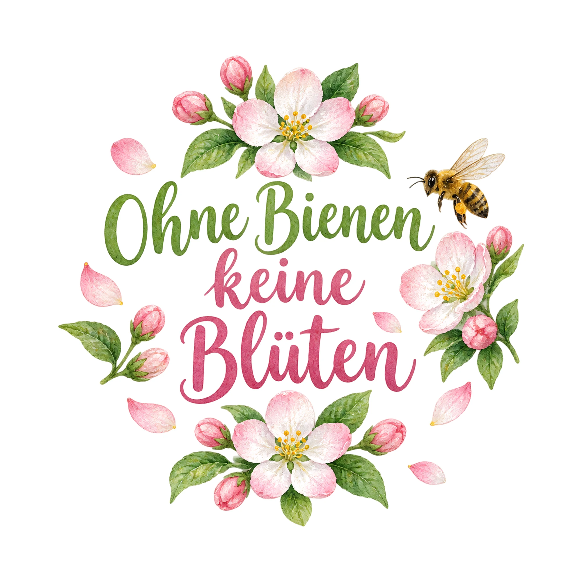 Bügelbild Ohne Bienen keine Blüten als Grafik auf weißem Hintergrund (BB019303)
