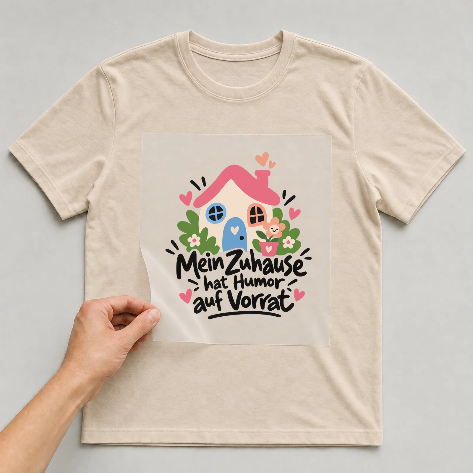 Bügelbild „Mein Zuhause hat Humor auf Vorrat“ auf beigem T-Shirt, Folie wird aufgelegt
