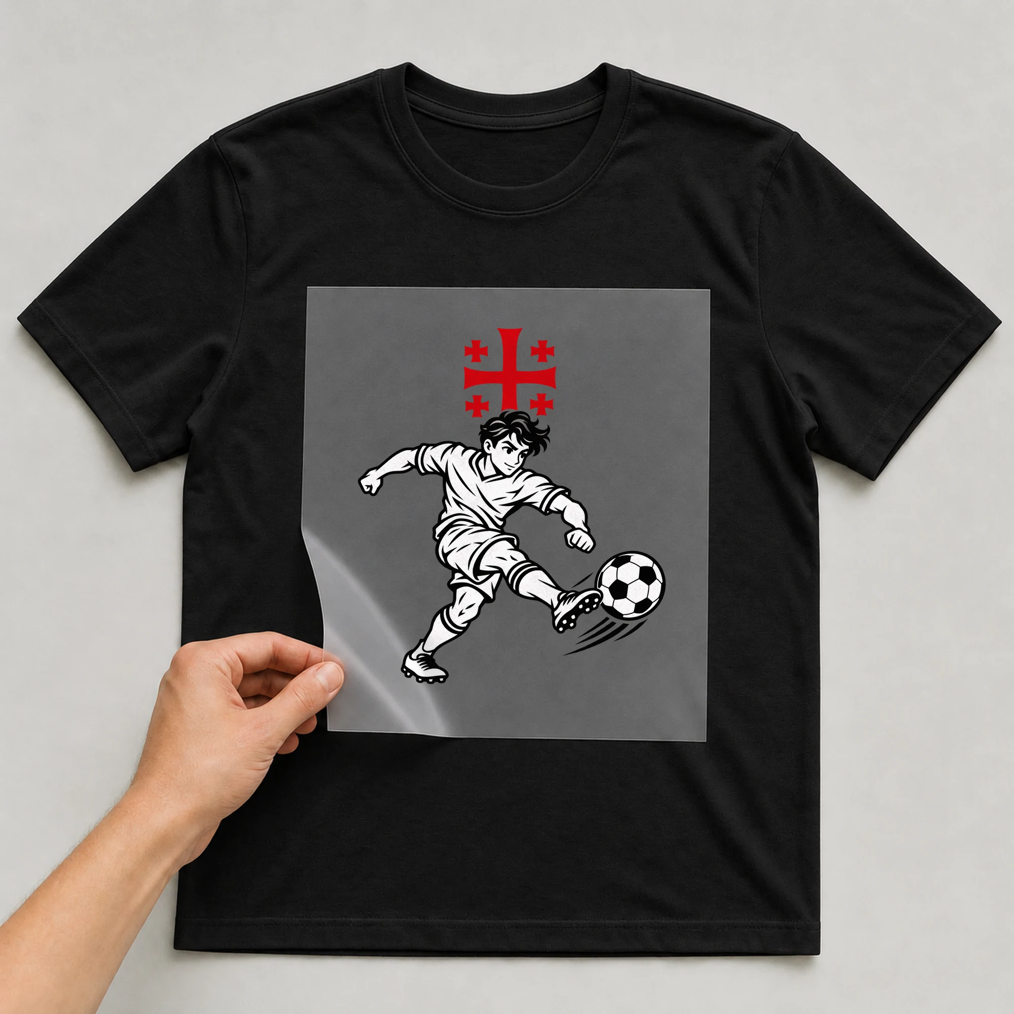 Bügelbild „Georgien Fahne Fußballer“ auf schwarzem T-Shirt, Folie wird aufgelegt